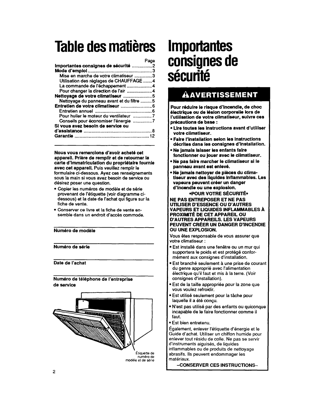 Whirlpool CAH12W04 manual Mode dempioi, Entretlen, Si vous avez besoin de service ou, Conserver CES INSTRUCTiONS 