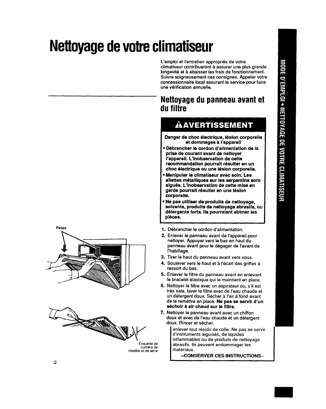 Whirlpool CAH12W04 manual Nettoyagedevotreclimatiseur, Nettoyagedu panneauavantet du filire 