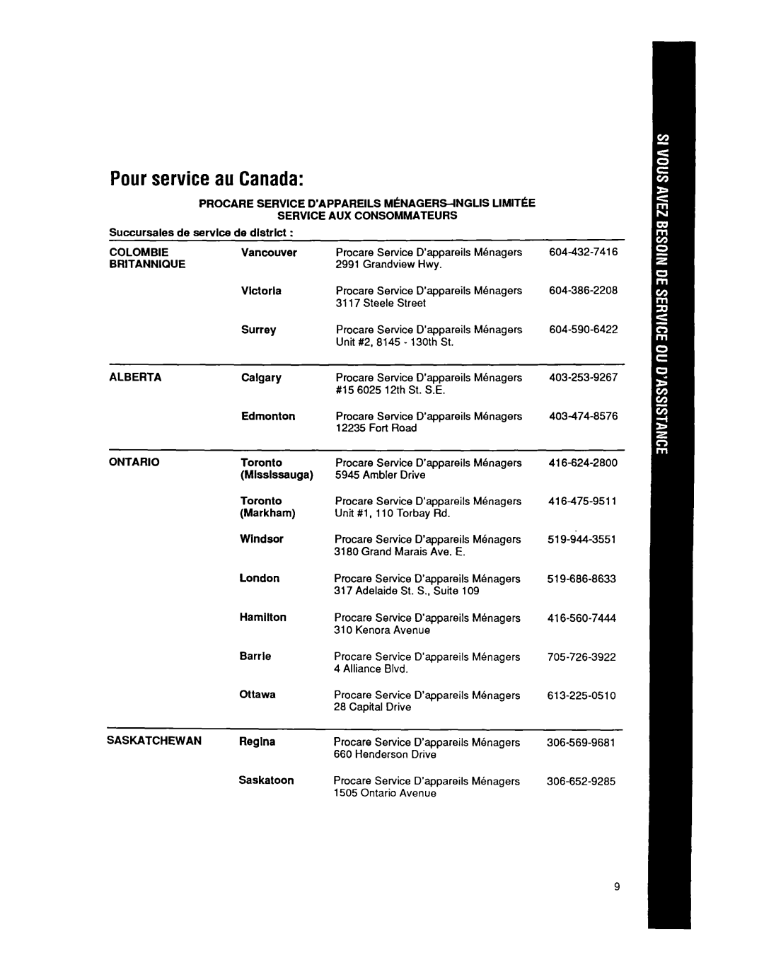 Whirlpool CAH12W04 manual Pourservice au Canada, Service AUX Consommateurs, Colombie, Britannique 