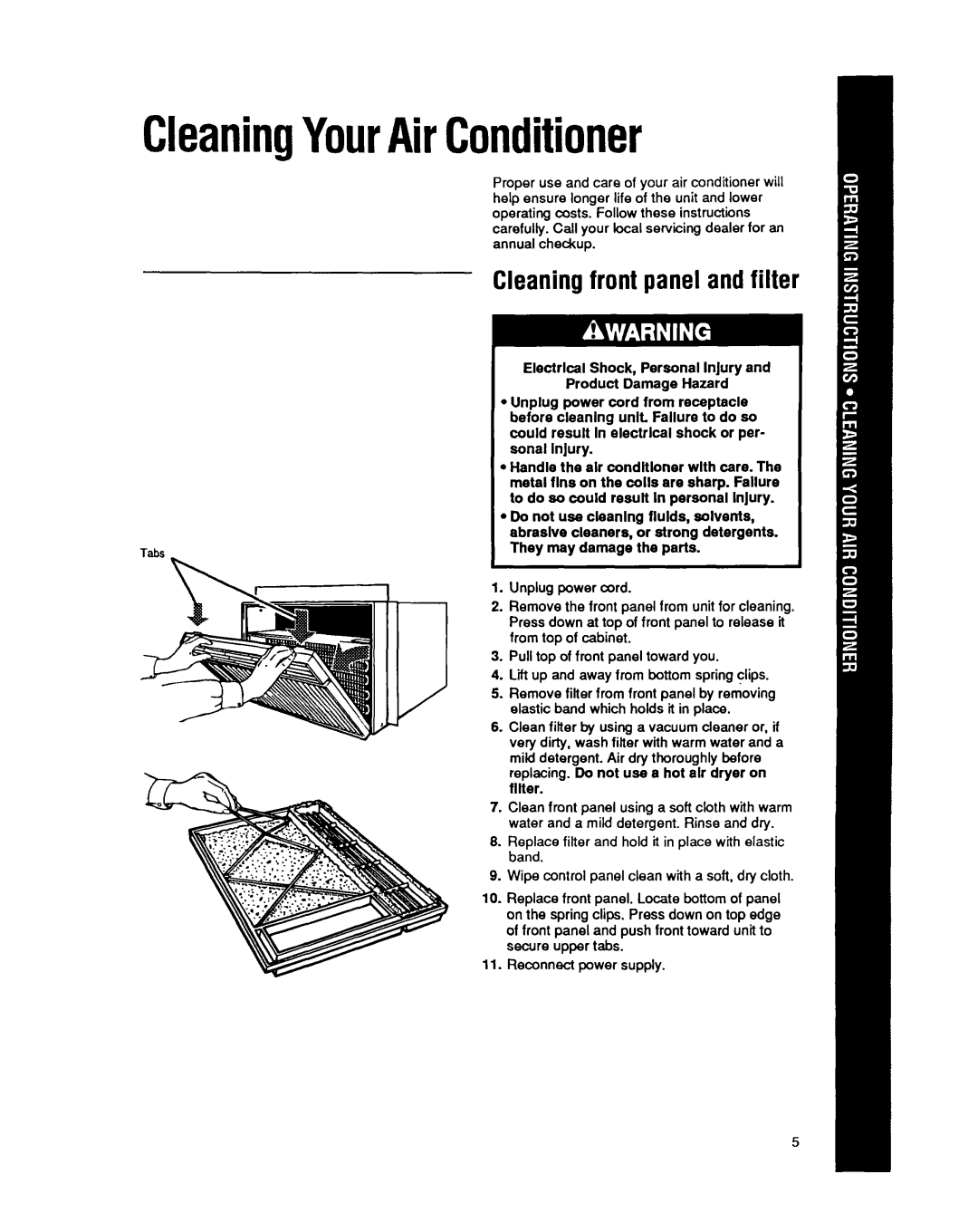 Whirlpool CAH12W04 manual CleaningYourAirConditioner, Cleaningfront panel andfilter 