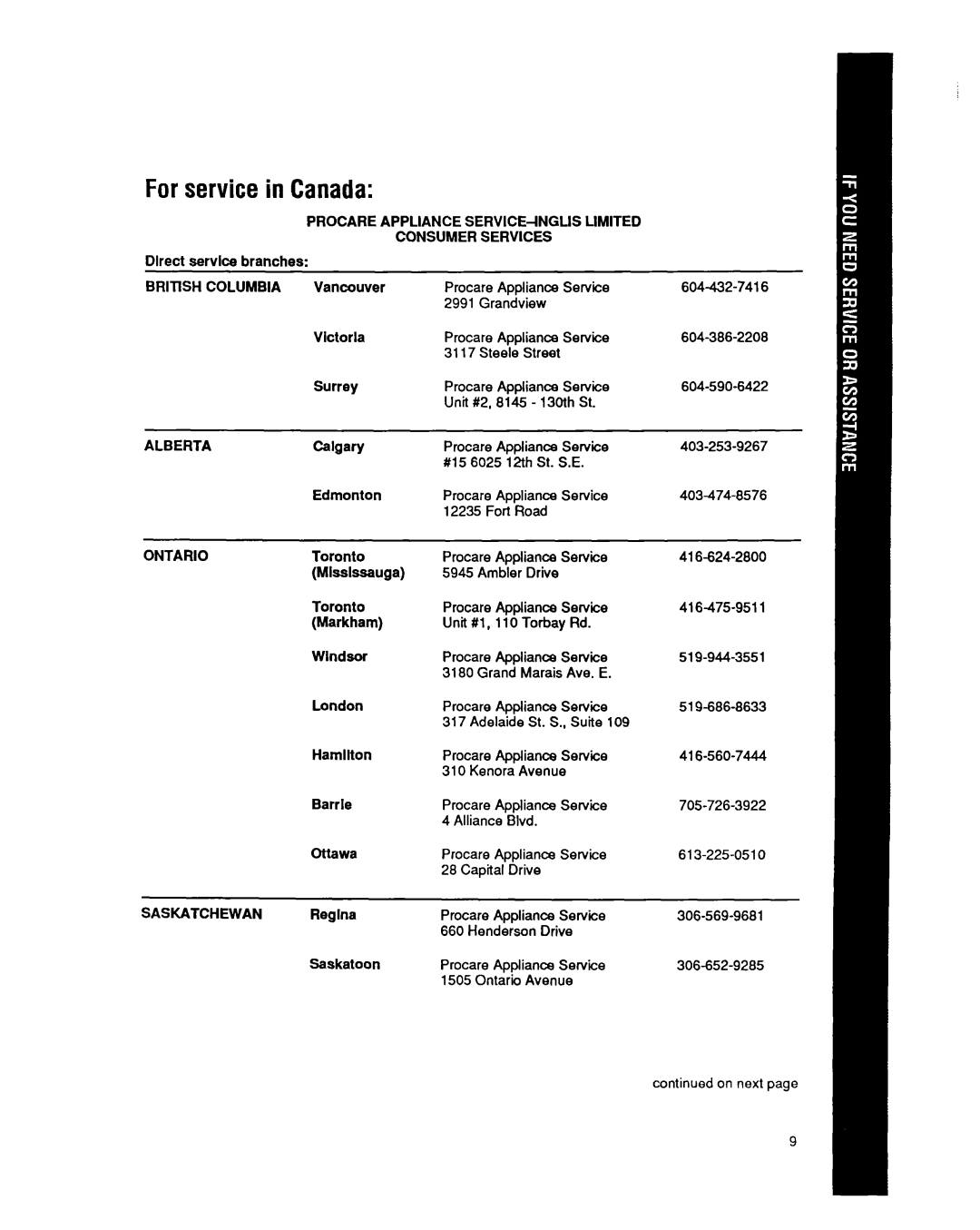 Whirlpool CAH12W04 manual Forservice in Canada, Limited, Alberta, Ontario, Saskatchewan 