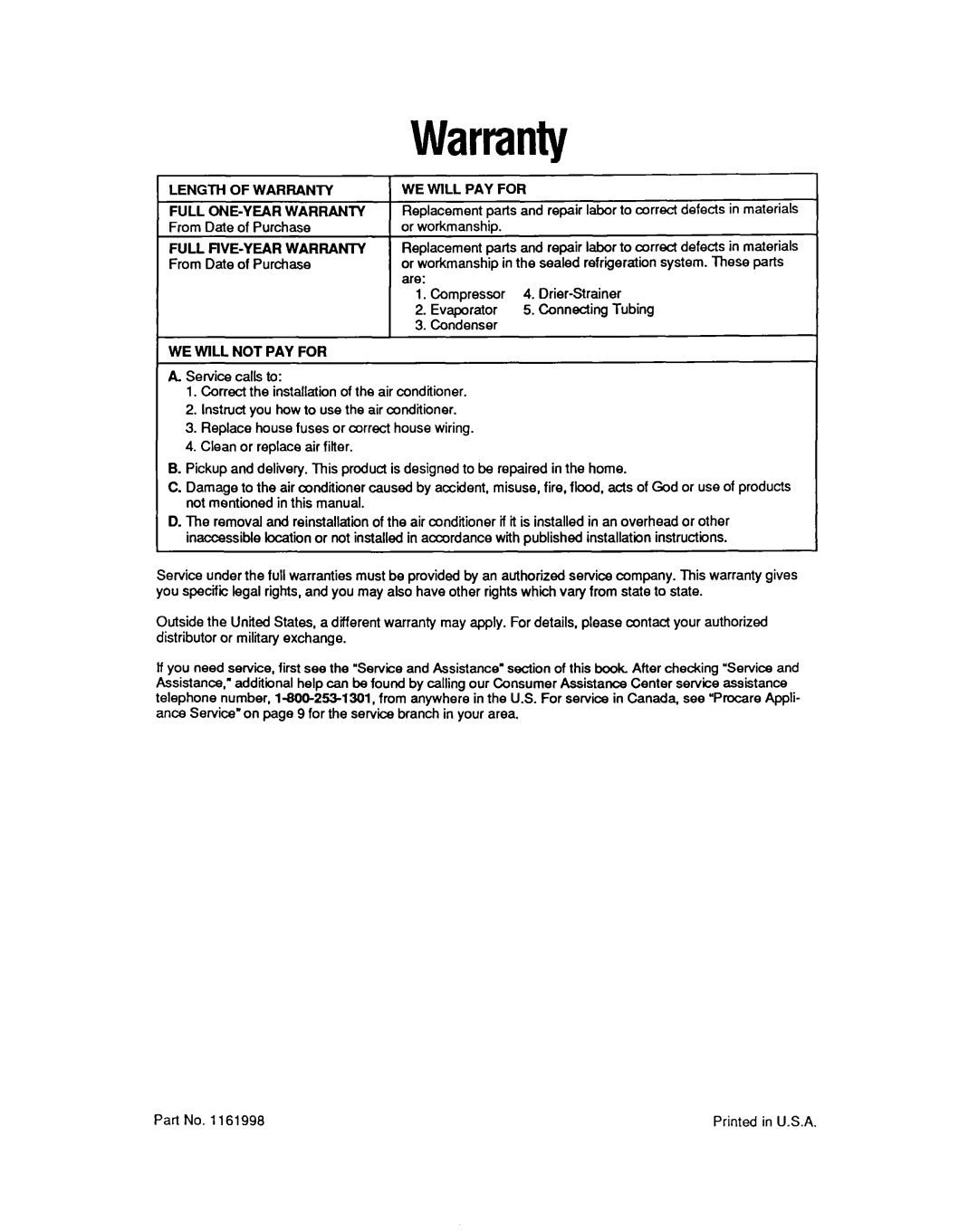 Whirlpool CAH12W04 manual Warranty, Full Five-Yearwarranty, We Will Pay For, We Will Not Pay For 