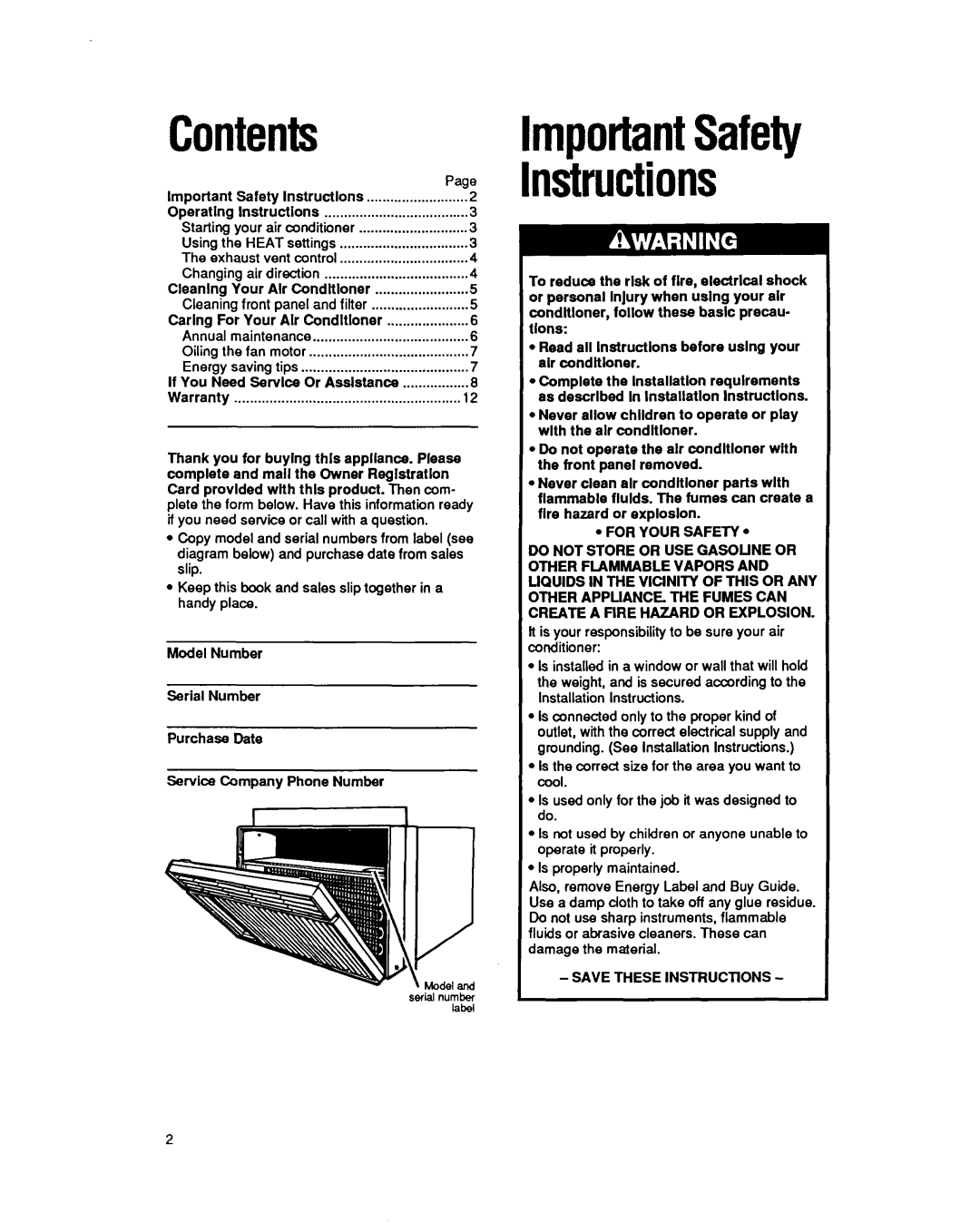 Whirlpool CAH12W04 manual Contents, mportantSafety nstructions 