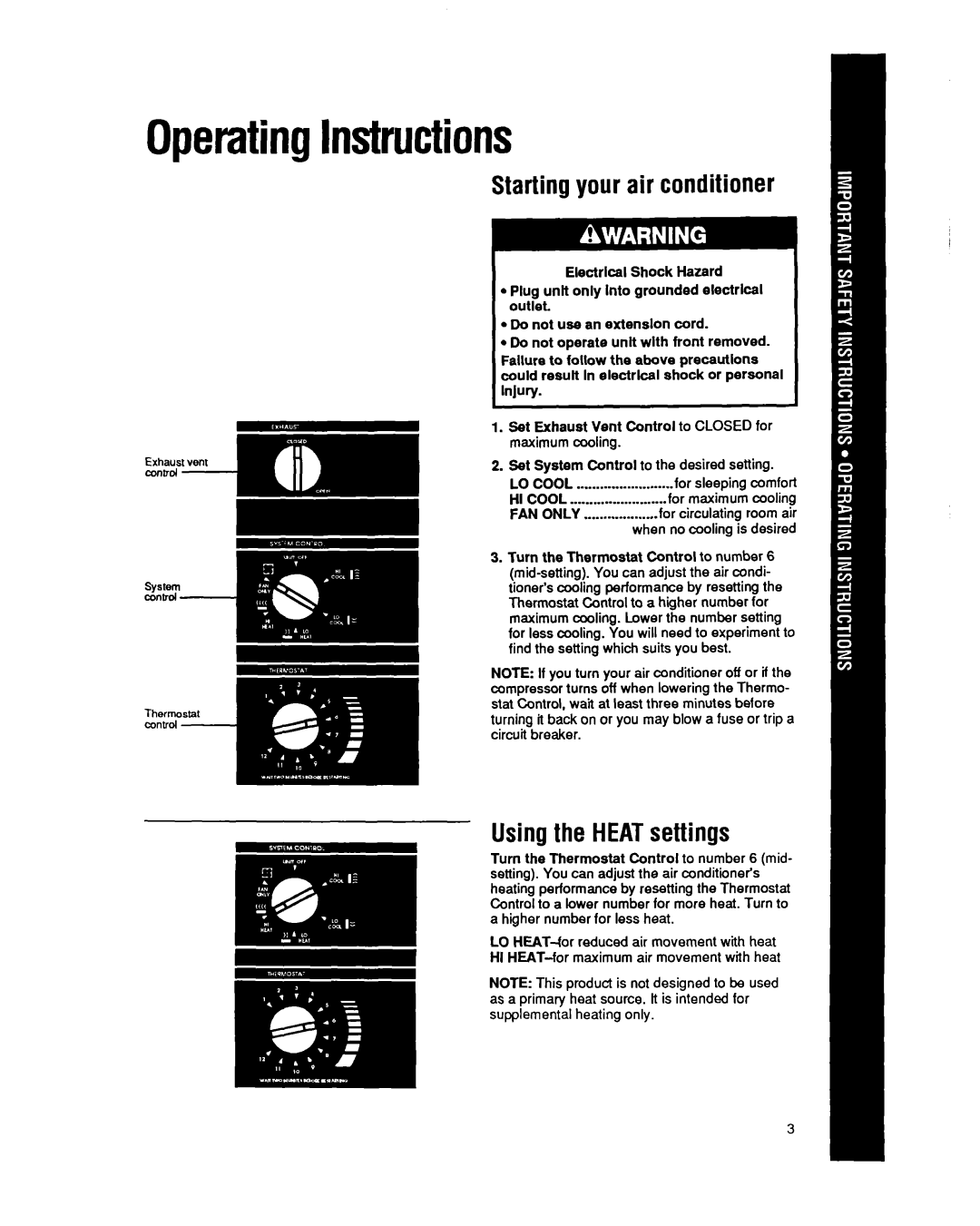 Whirlpool CAH12W04 manual OperatingInstructions, Startingyour air conditioner, Usingthe HEATsettings 