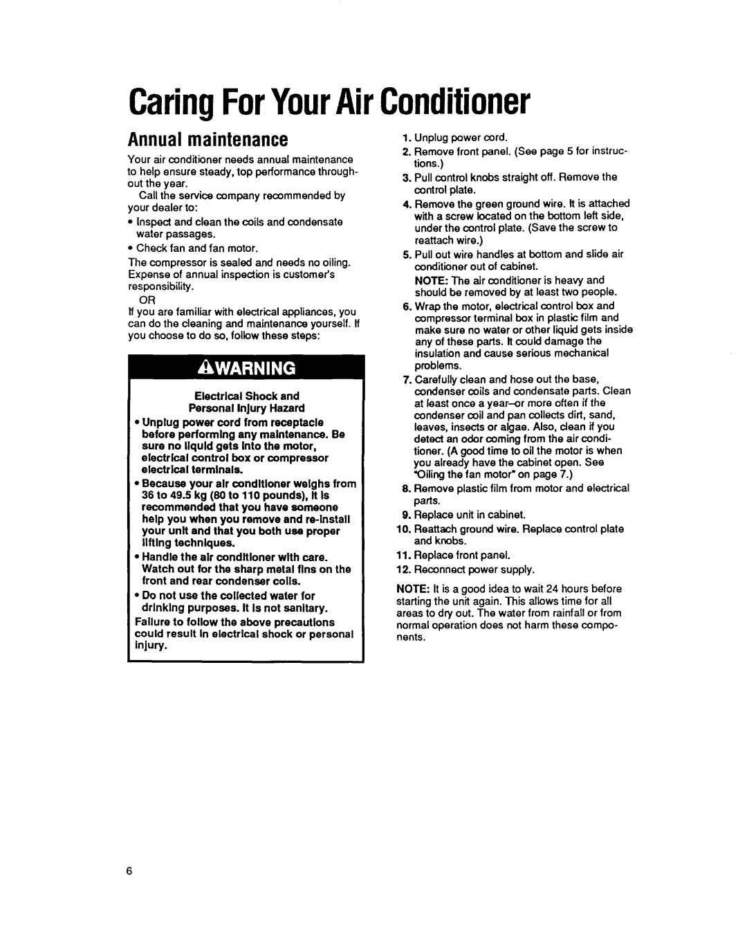 Whirlpool CAH12W04 manual CaringForYourAirConditioner, Annual maintenance 