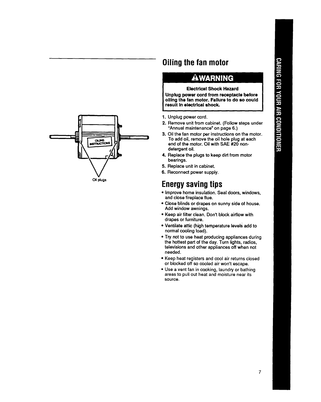 Whirlpool CAH12W04 manual Oiling the fan motor, Energysavingtips, El&trlcal Shock Hazard 