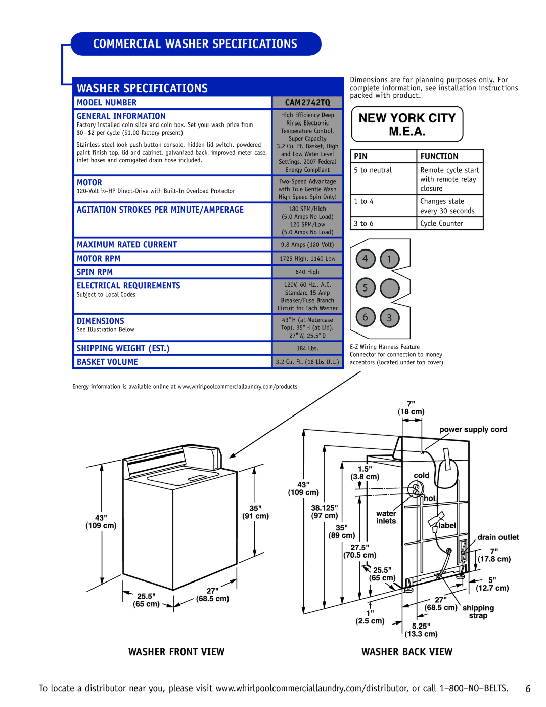 Whirlpool CAM2742TQ warranty Commercial Washer Specifications 