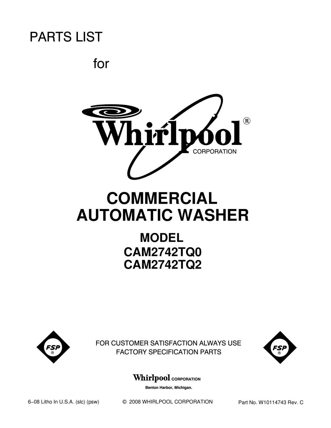 Whirlpool CAM2742TQ0, CAM2742TQ2 manual Commercial Automatic Washer 