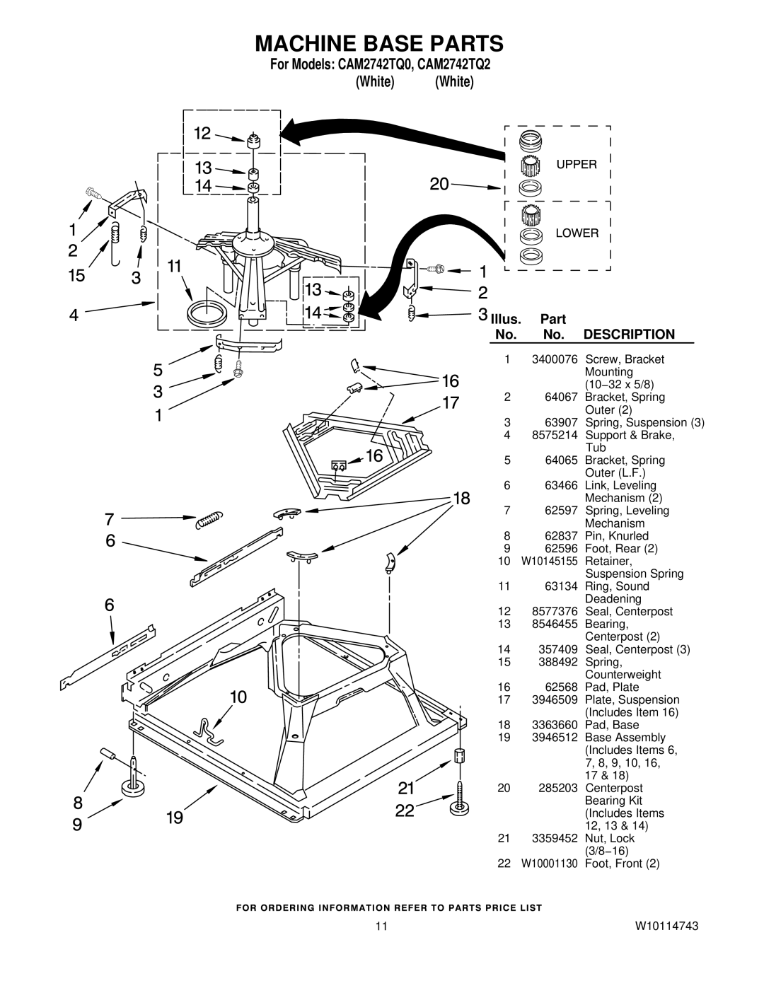 Whirlpool CAM2742TQ0, CAM2742TQ2 manual Machine Base Parts 