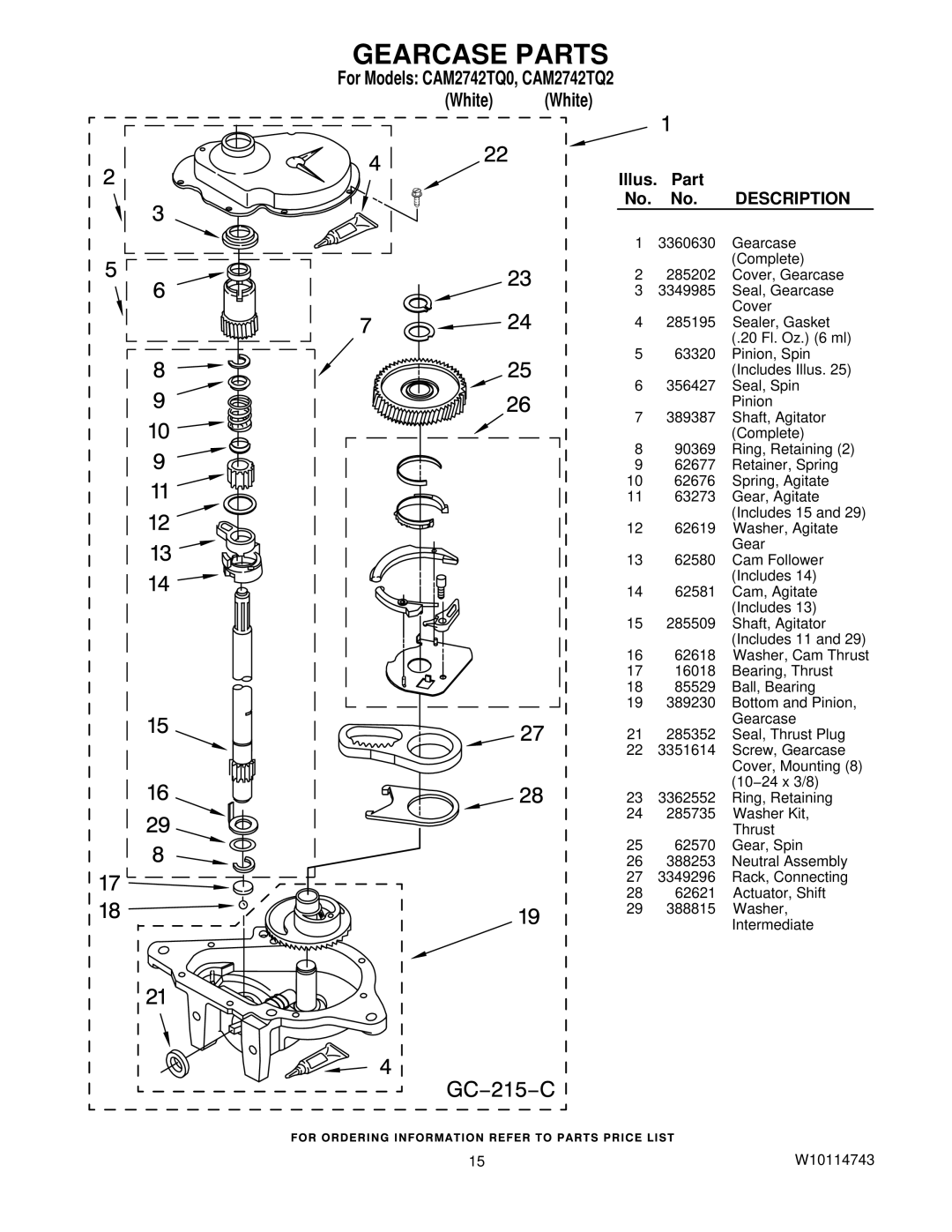 Whirlpool CAM2742TQ0, CAM2742TQ2 manual Gearcase Parts 