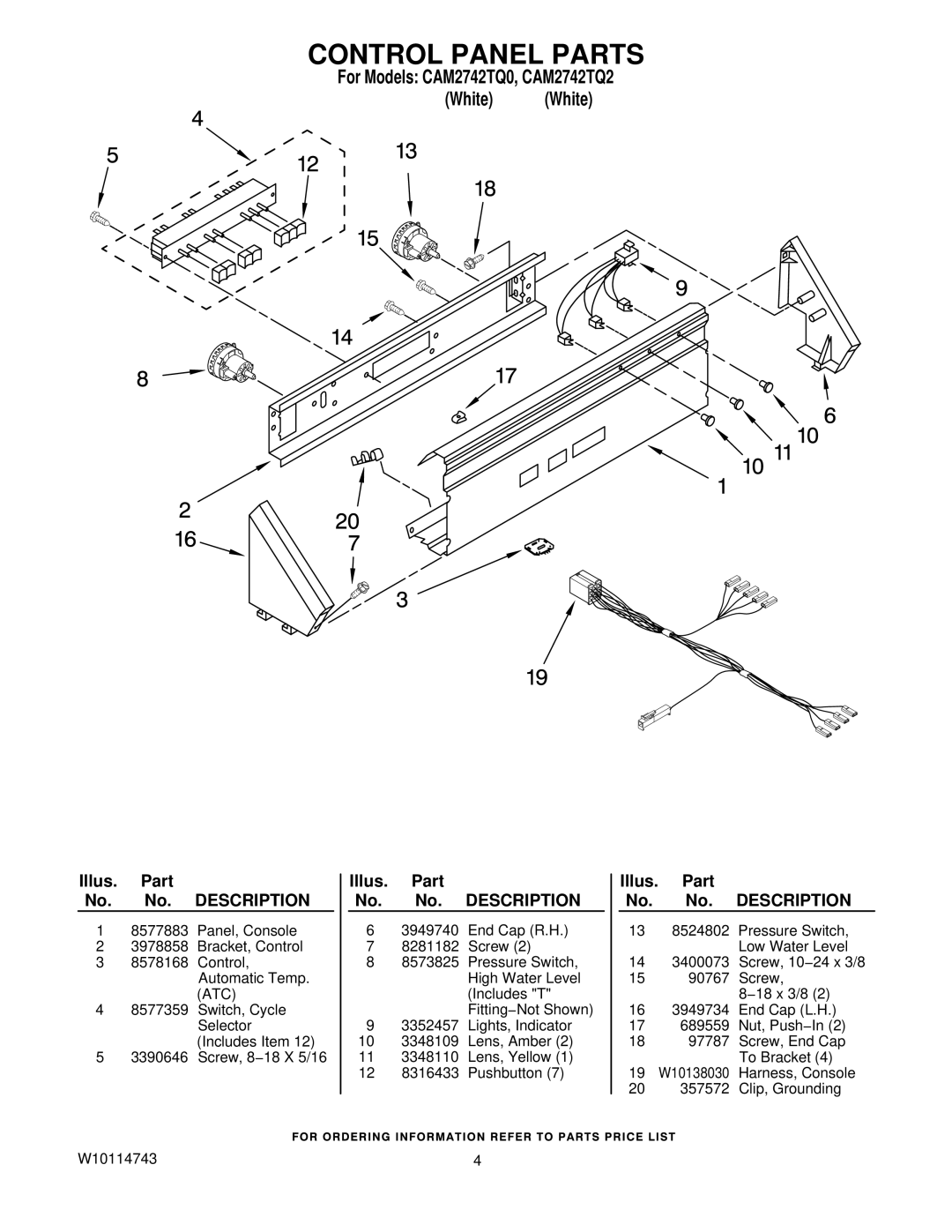 Whirlpool CAM2742TQ2, CAM2742TQ0 manual Control Panel Parts 