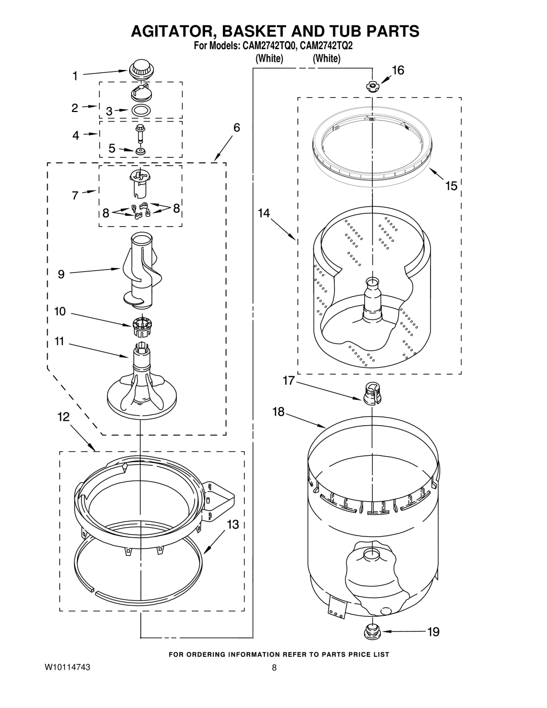 Whirlpool CAM2742TQ2, CAM2742TQ0 manual AGITATOR, Basket and TUB Parts 
