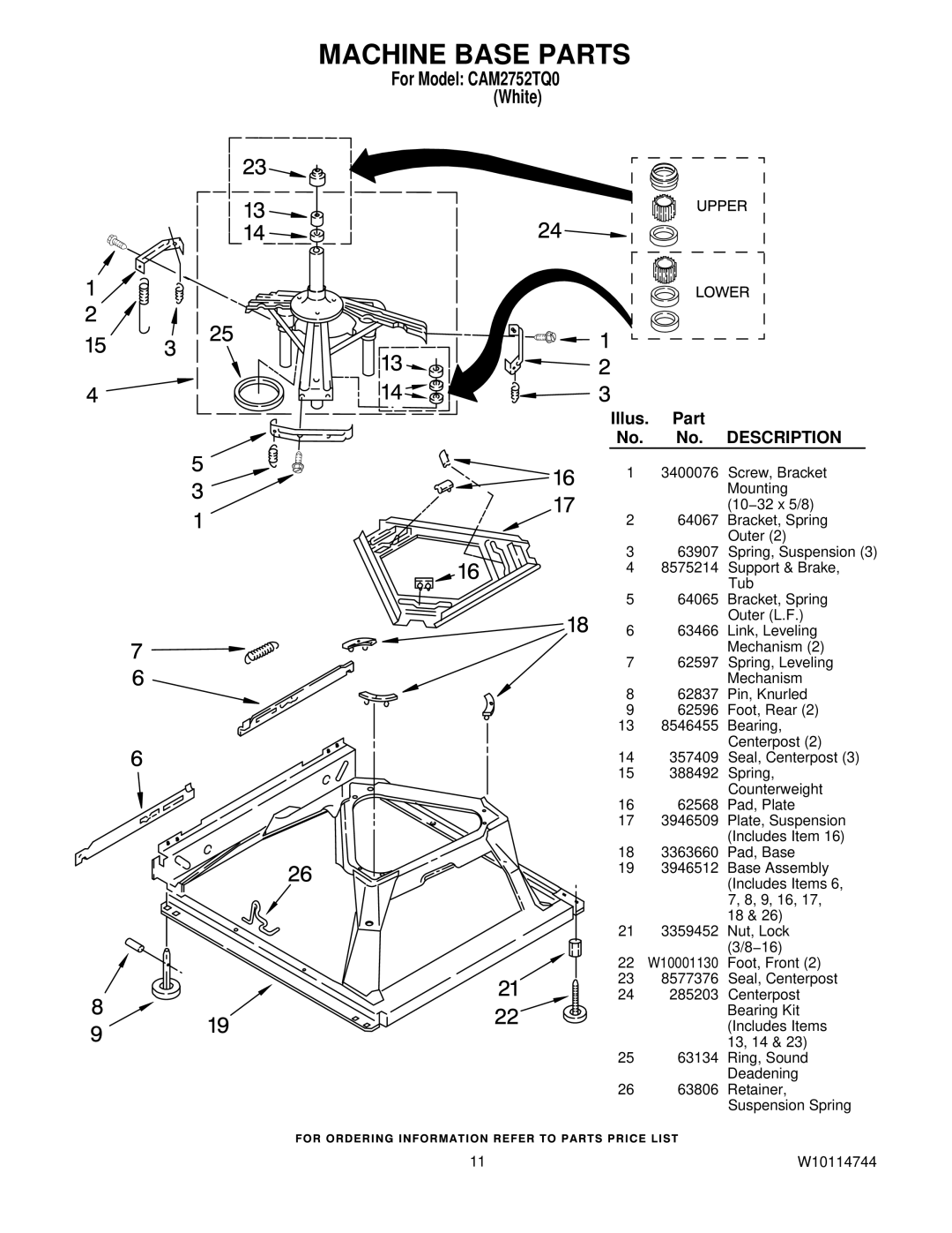 Whirlpool CAM2752TQ0 manual Machine Base Parts 