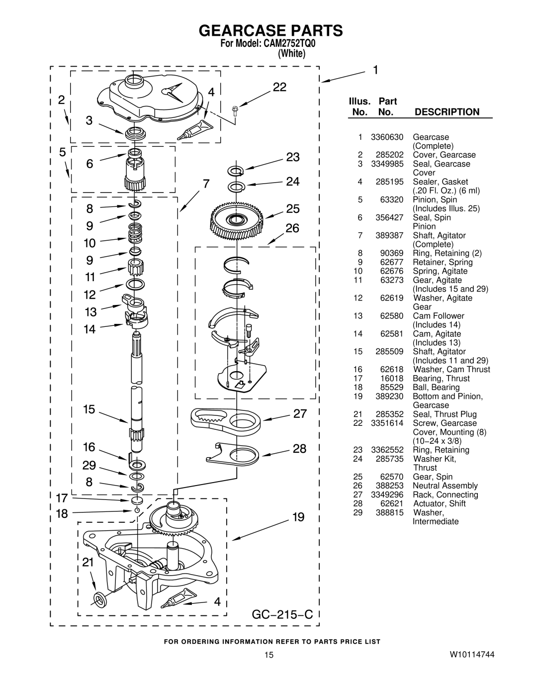 Whirlpool CAM2752TQ0 manual Gearcase Parts 