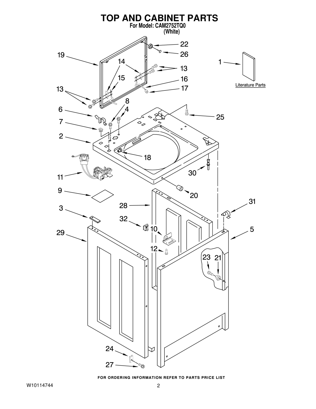 Whirlpool CAM2752TQ0 manual TOP and Cabinet Parts 