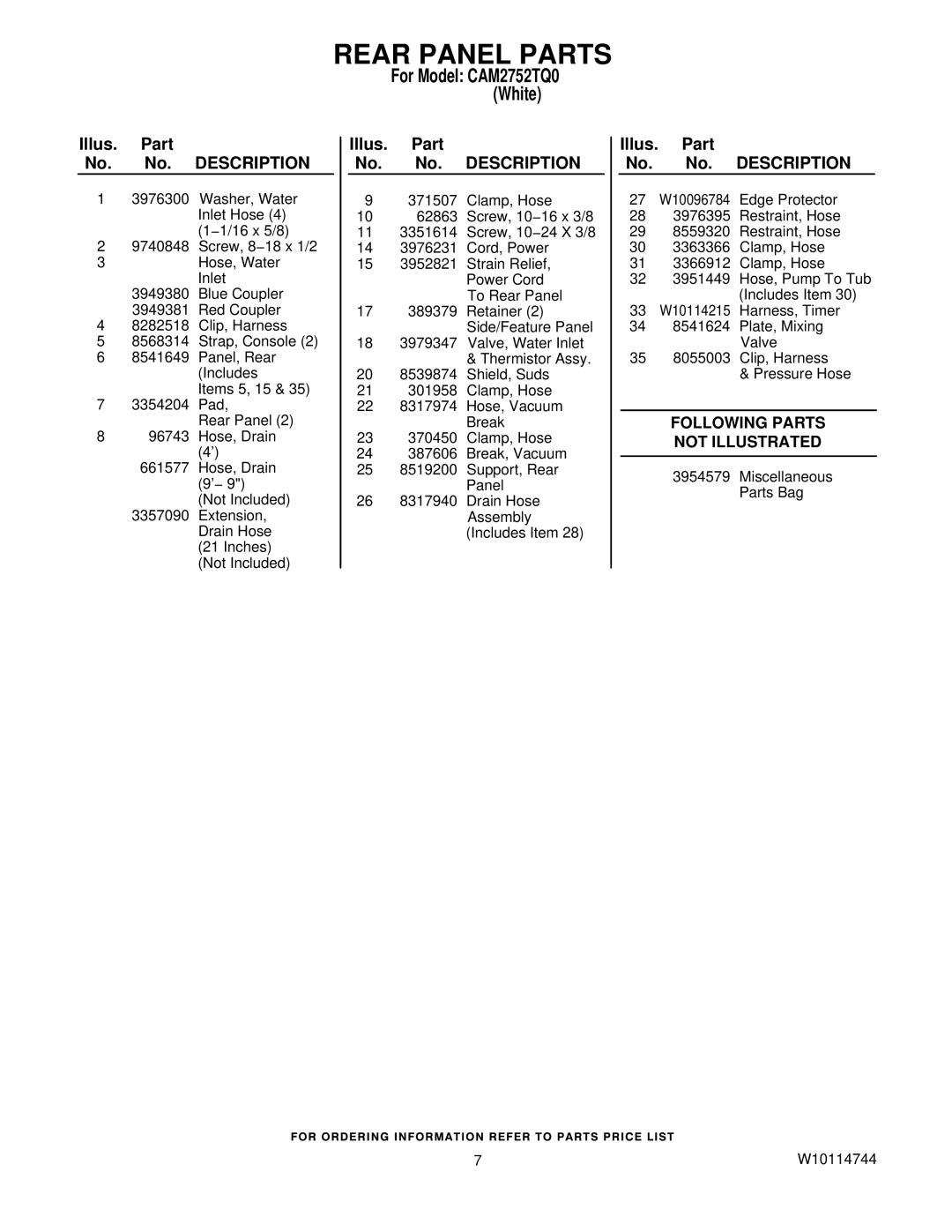Whirlpool CAM2752TQ0 manual Following Parts Not Illustrated 