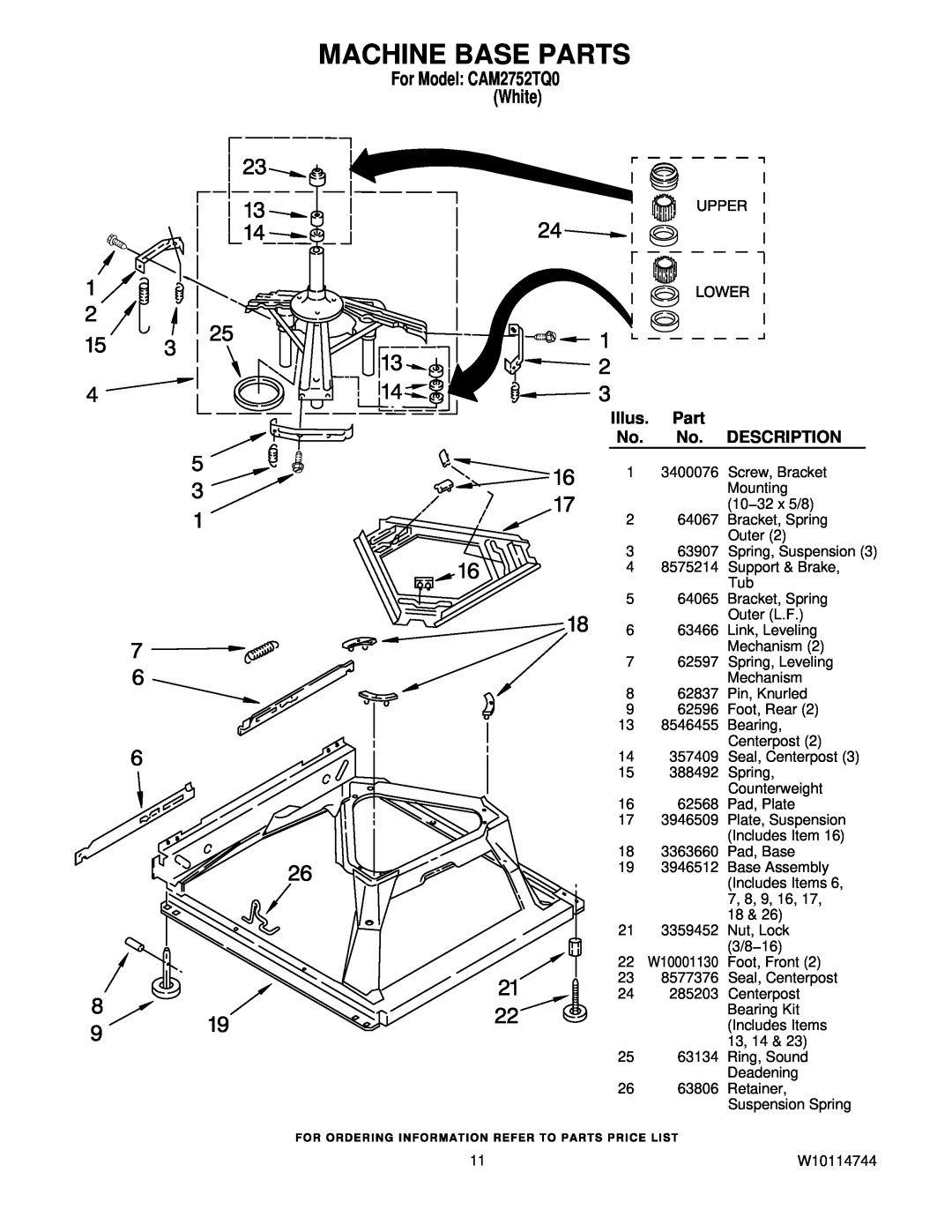 Whirlpool CAM2752TQ0 manual Machine Base Parts, Illus, Description, W10001130 