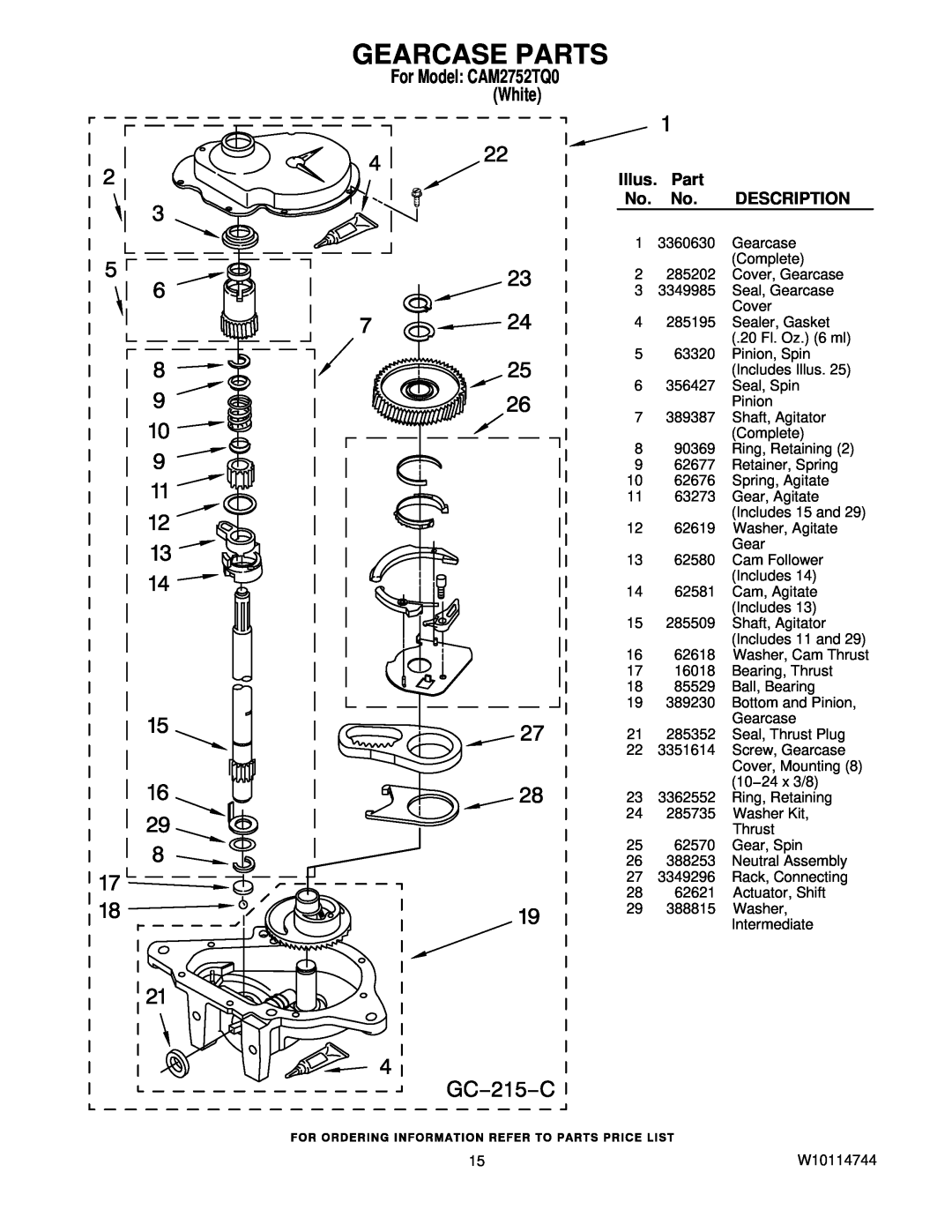Whirlpool CAM2752TQ0 manual Gearcase Parts, Illus, Description 