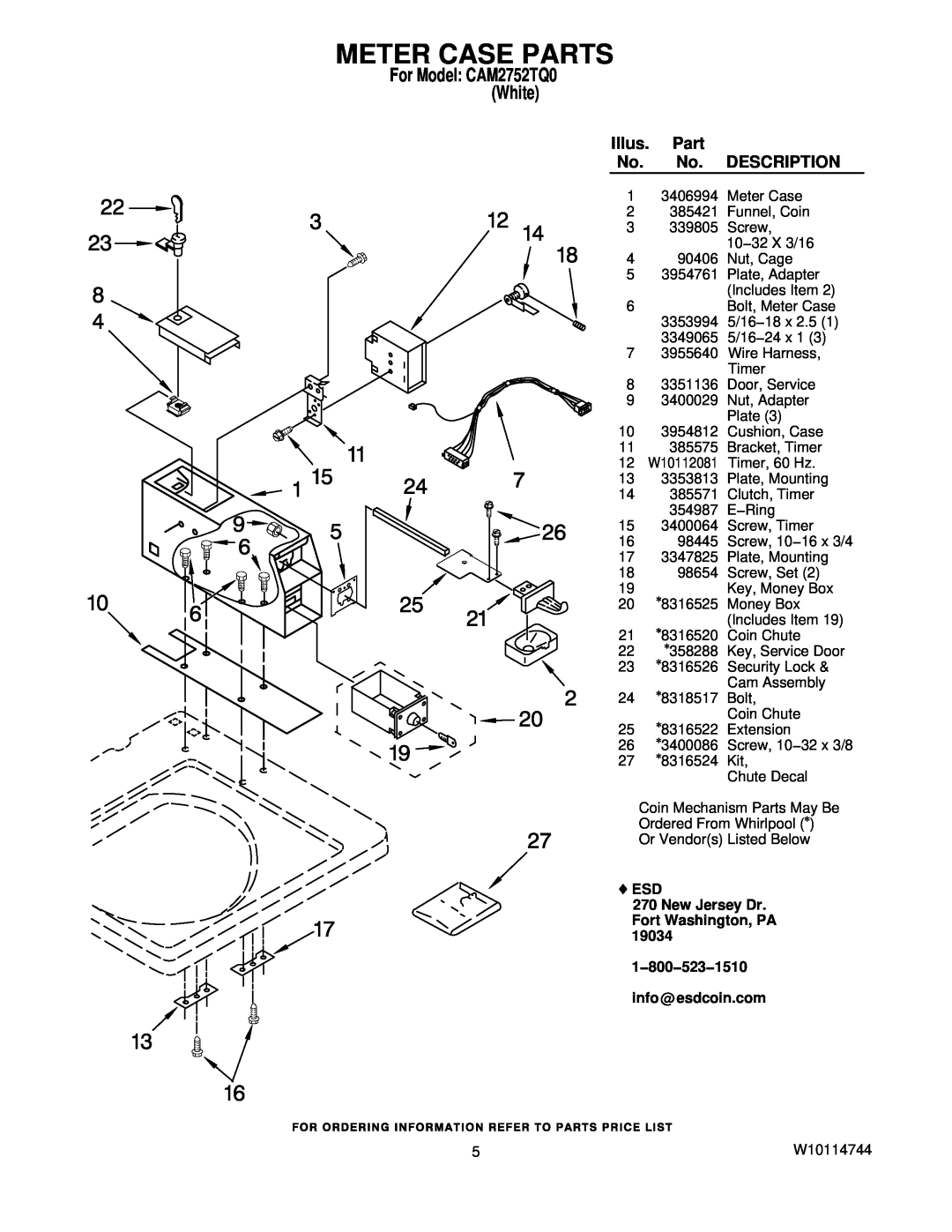 Whirlpool CAM2752TQ0 Meter Case Parts, Illus, Description, ESD 270 New Jersey Dr Fort Washington, PA 19034 1−800−523−1510 