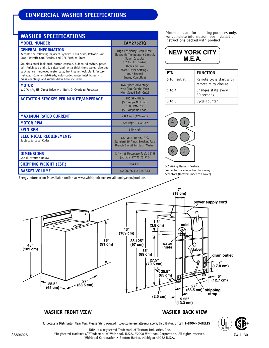 Whirlpool CAM2762TQ warranty Model Number, General Information, Maximum Rated Current, Motor RPM, Spin RPM, Dimensions 