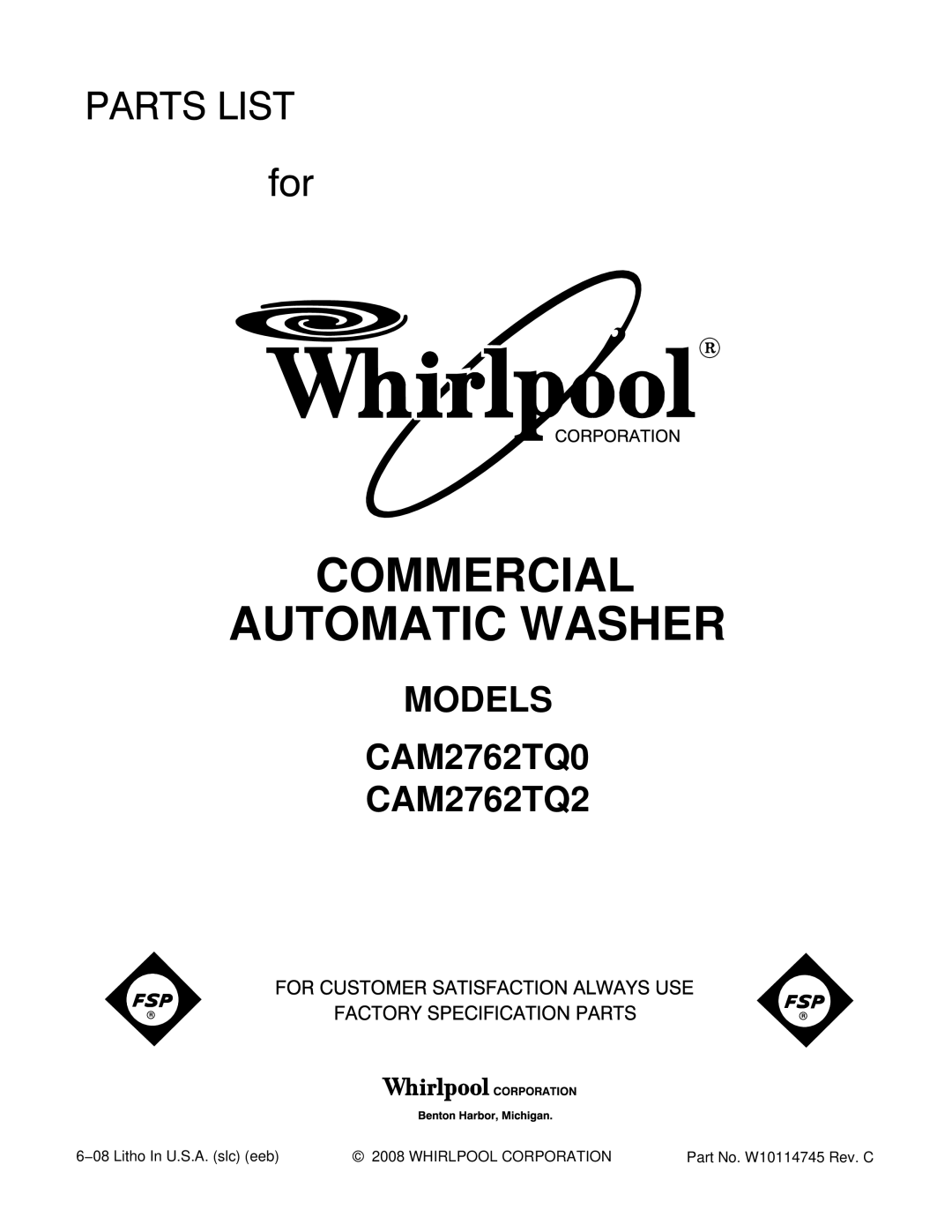 Whirlpool CAM2762TQ0, CAM2762TQ2 manual Commercial Automatic Washer 