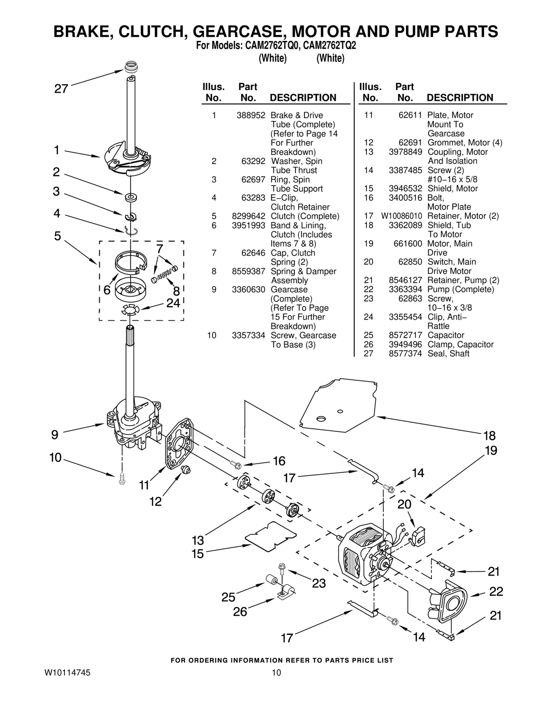 Whirlpool CAM2762TQ2, CAM2762TQ0 manual BRAKE, CLUTCH, GEARCASE, Motor and Pump Parts 