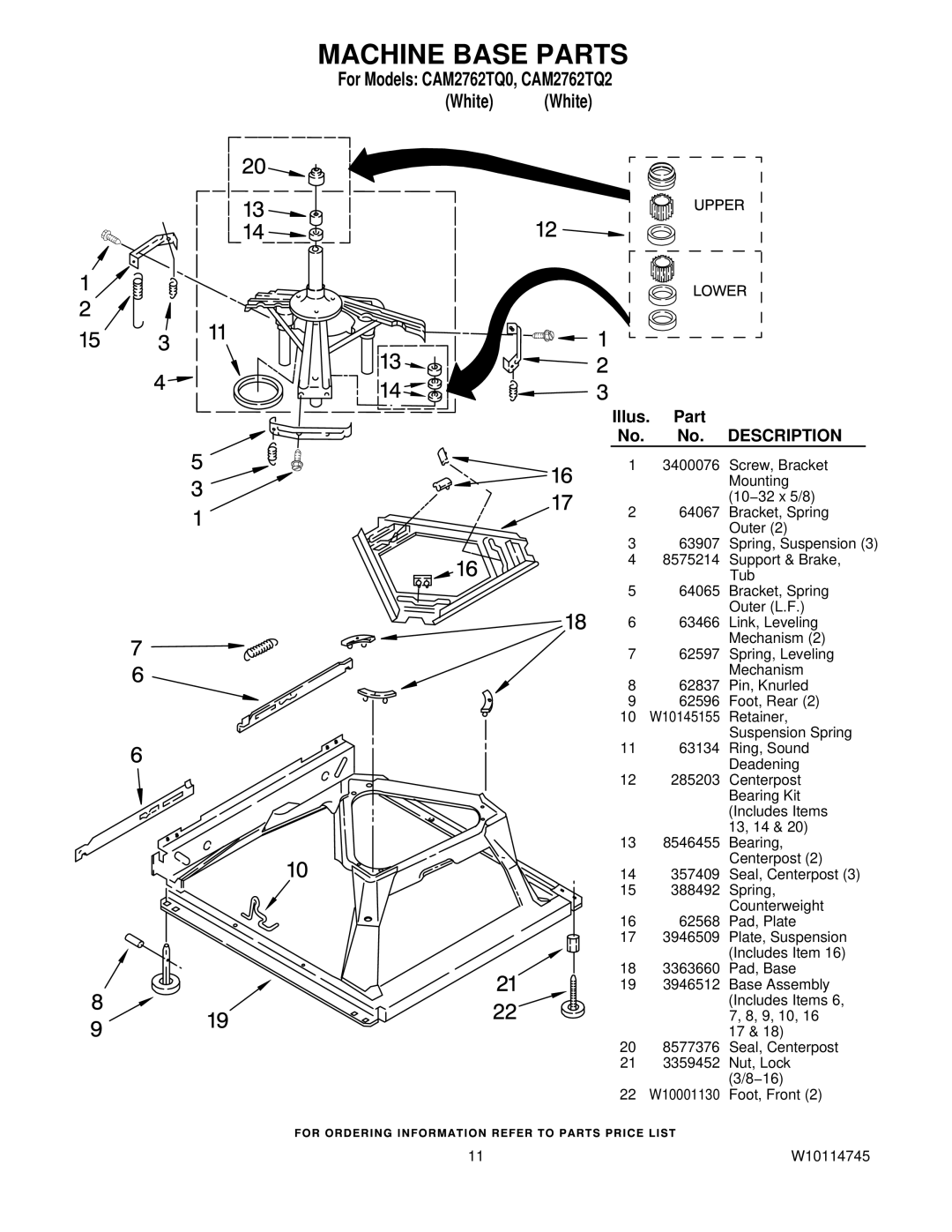 Whirlpool CAM2762TQ0, CAM2762TQ2 manual Machine Base Parts 