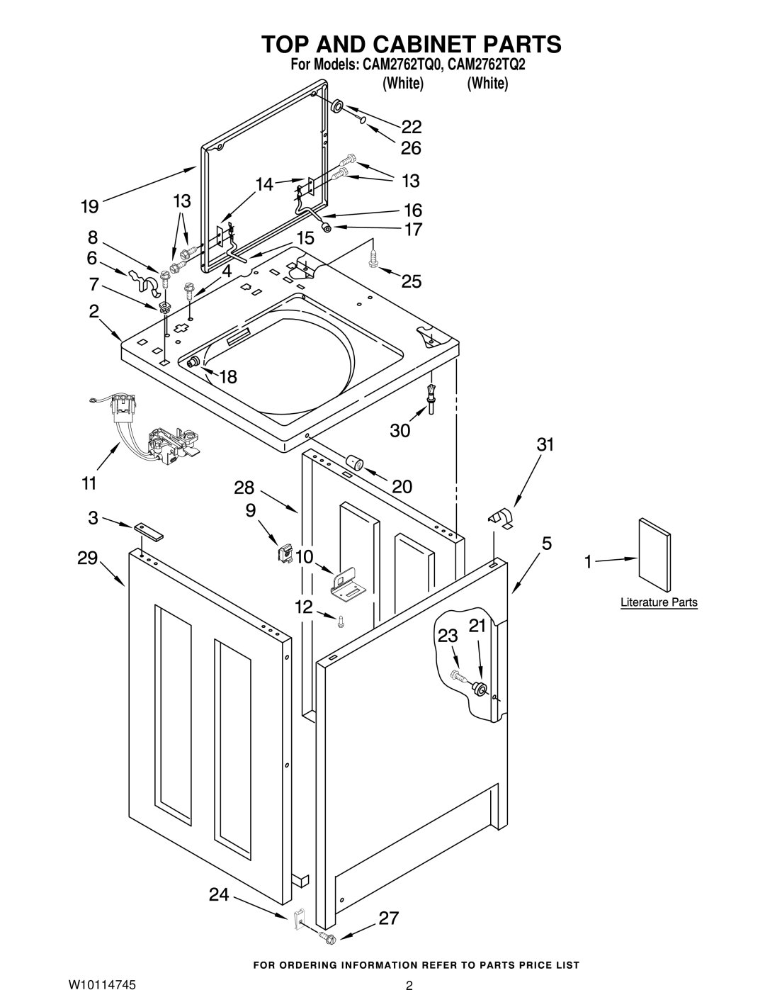 Whirlpool CAM2762TQ2, CAM2762TQ0 manual TOP and Cabinet Parts 