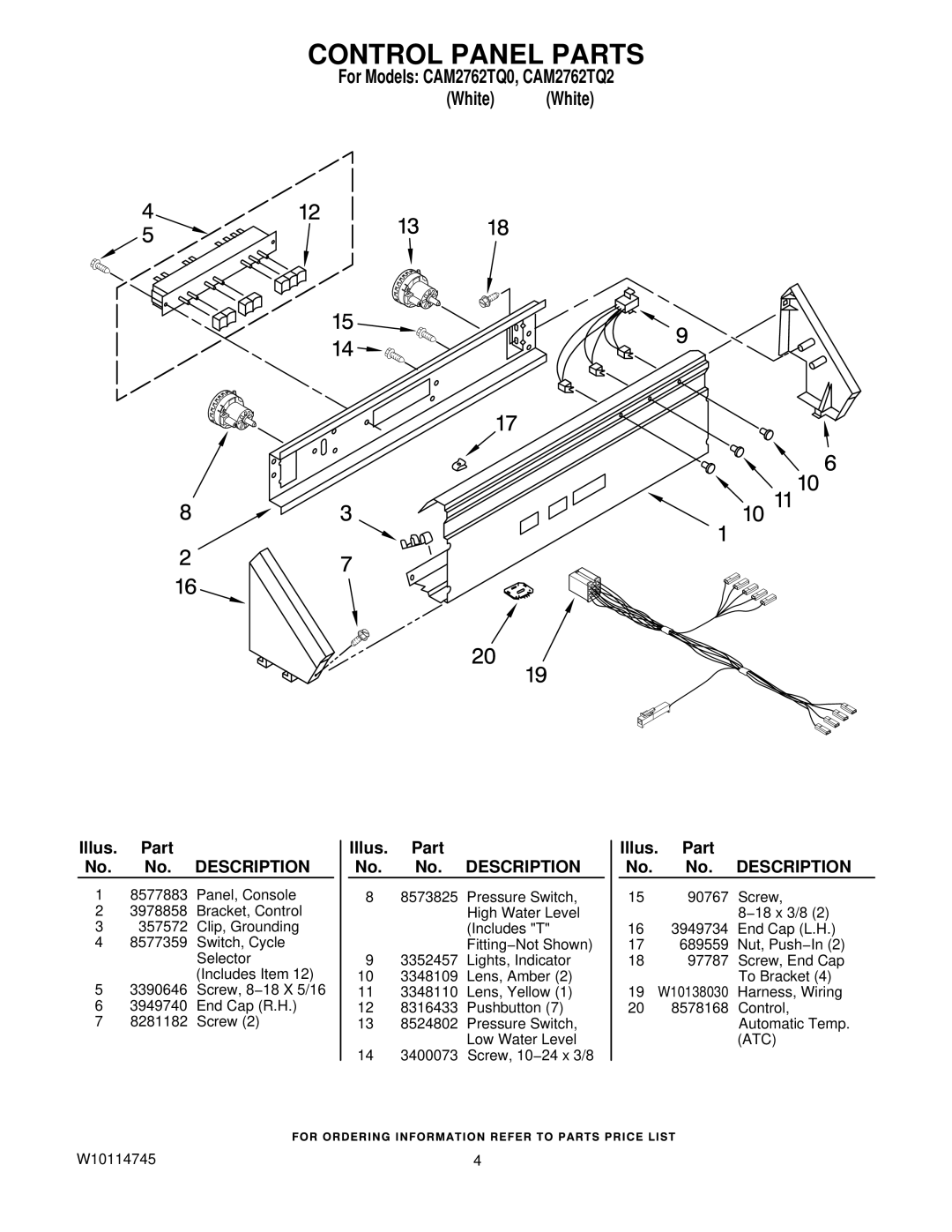 Whirlpool CAM2762TQ2, CAM2762TQ0 manual Control Panel Parts 