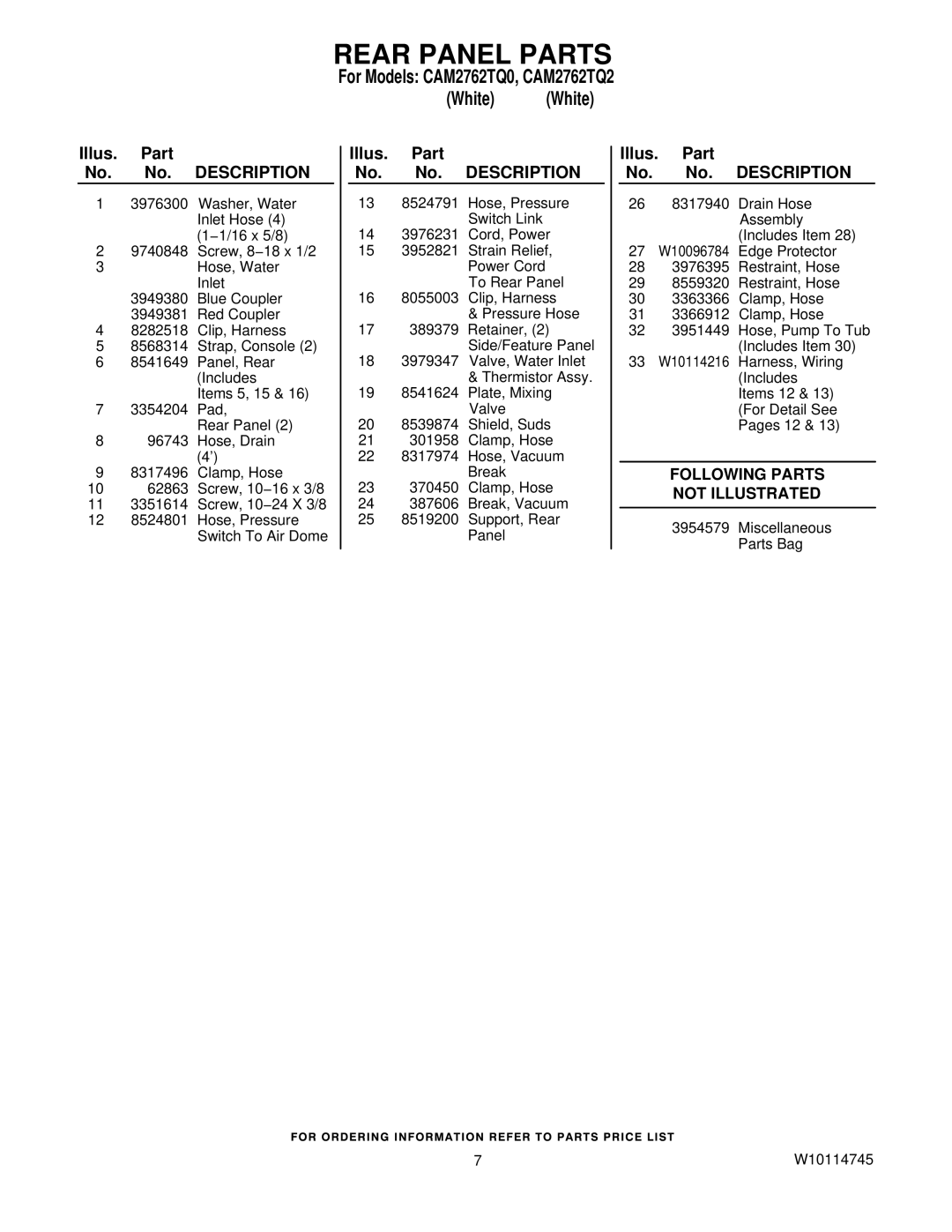 Whirlpool CAM2762TQ0, CAM2762TQ2 manual Following Parts Not Illustrated 