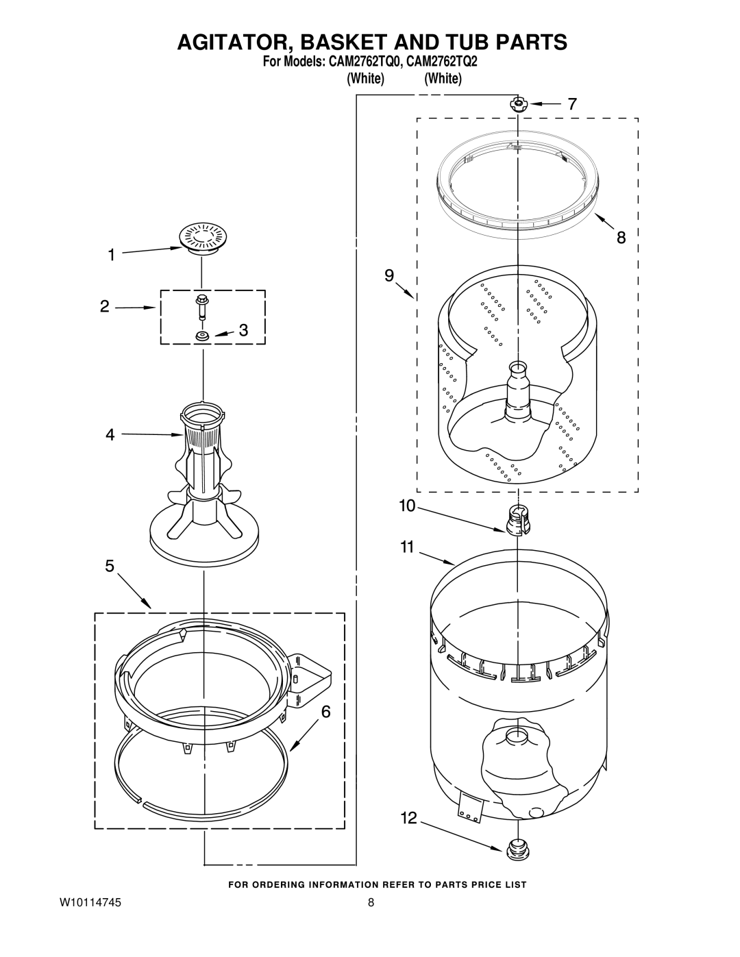 Whirlpool CAM2762TQ2, CAM2762TQ0 manual AGITATOR, Basket and TUB Parts 