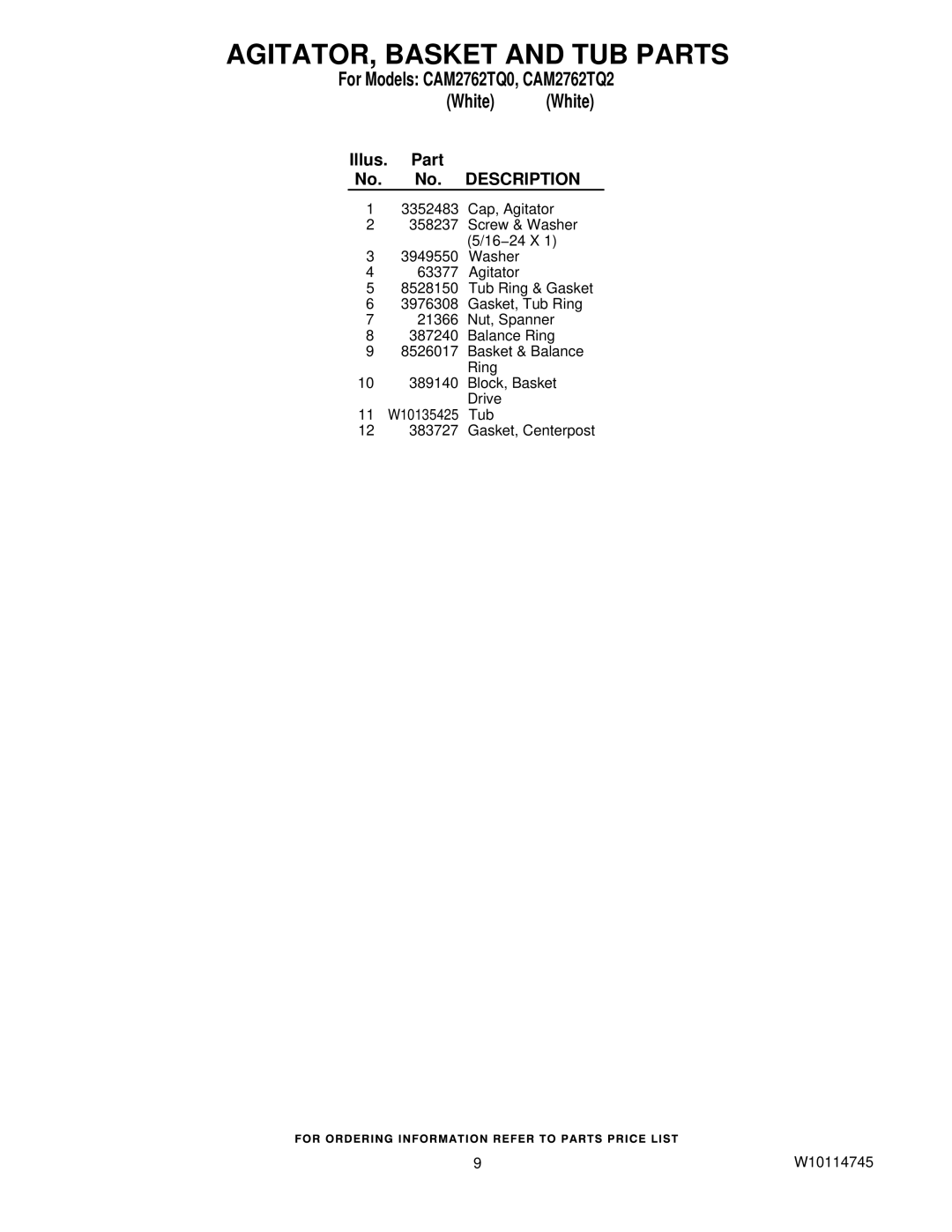 Whirlpool CAM2762TQ0, CAM2762TQ2 manual AGITATOR, Basket and TUB Parts 