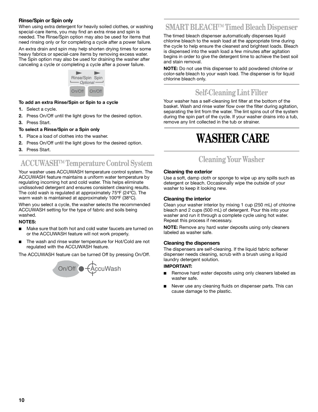 Whirlpool CATALYST manual Washer Care, Self-Cleaning LintFilter, CleaningYour Washer 