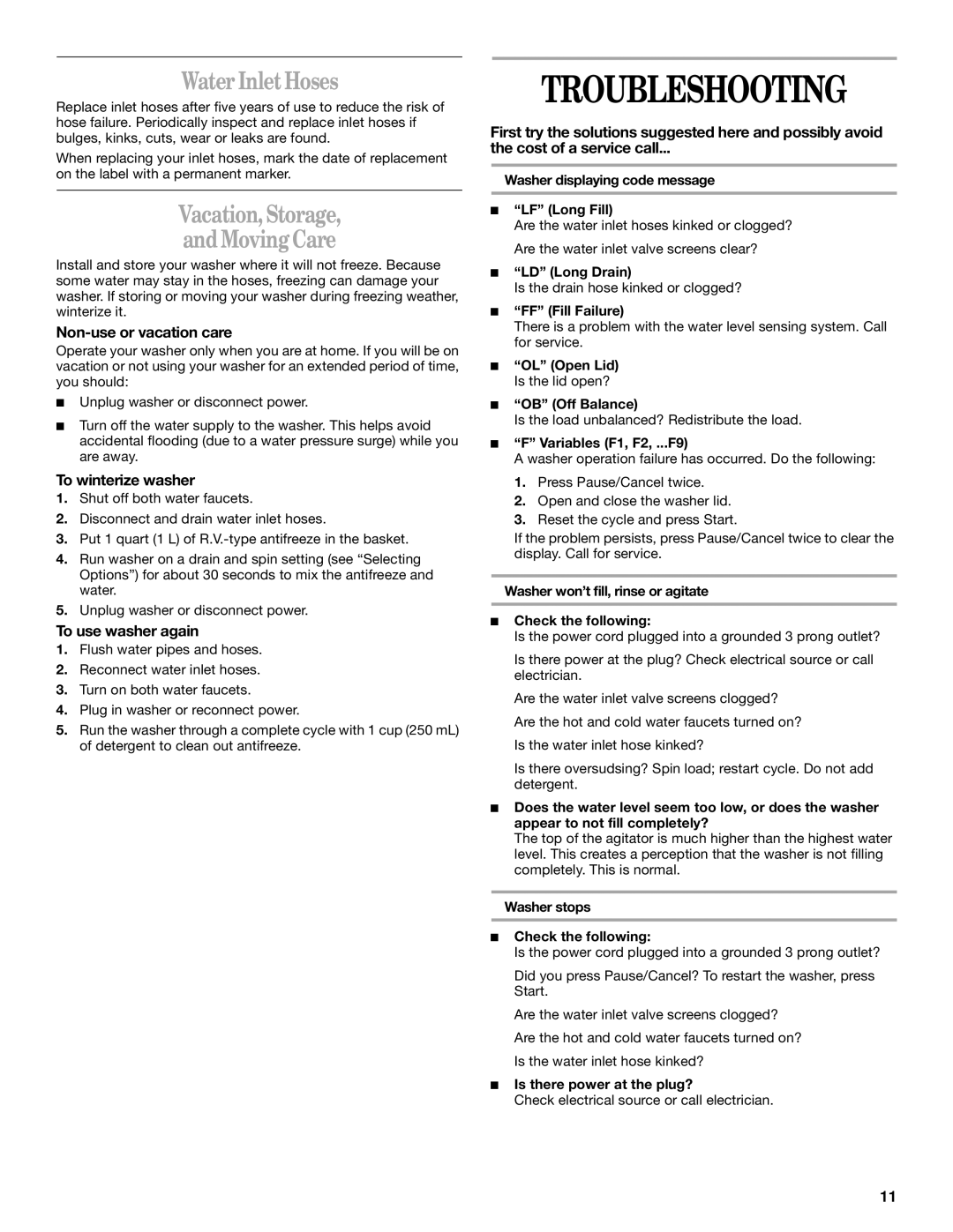 Whirlpool CATALYST Troubleshooting, Water Inlet Hoses, Non-use or vacation care, To winterize washer, To use washer again 