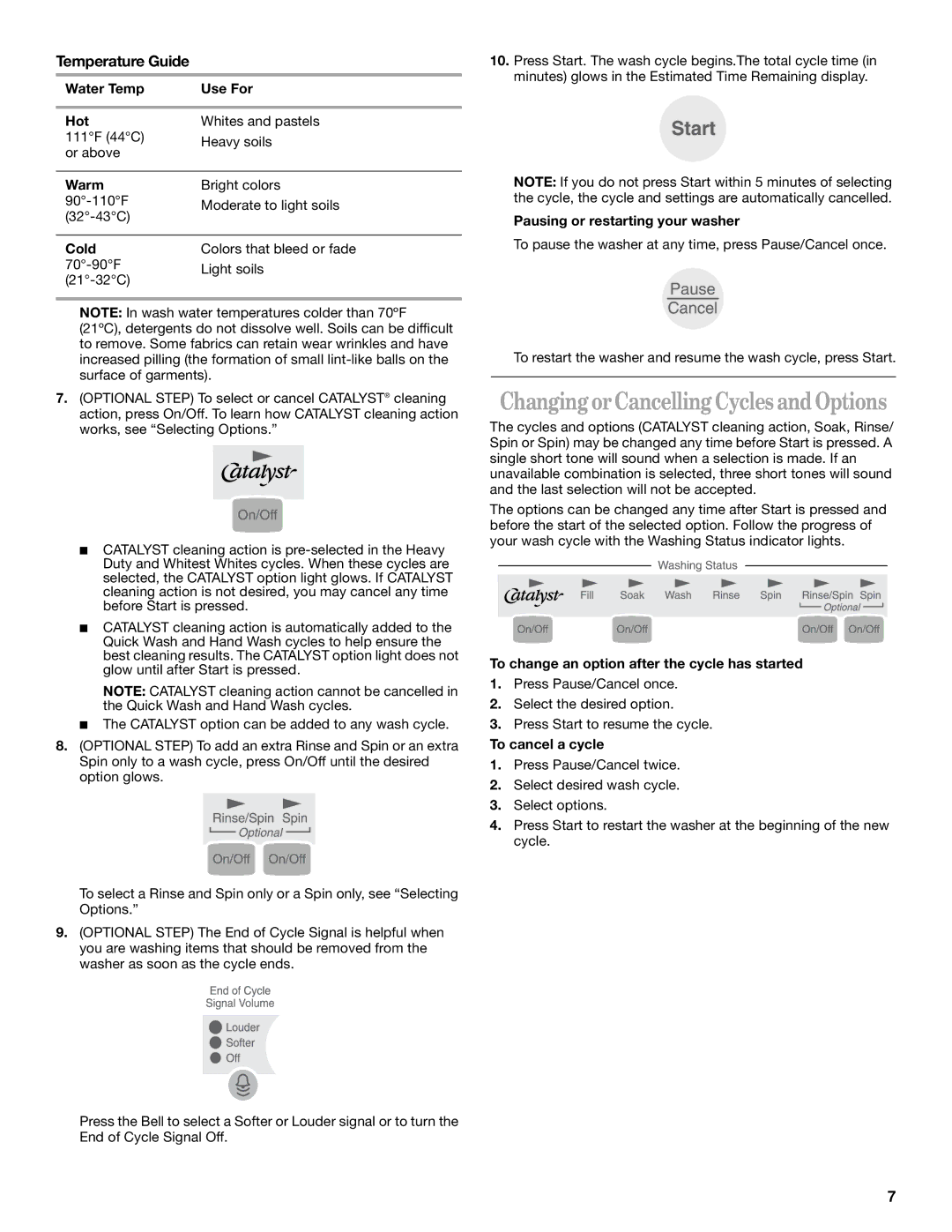 Whirlpool CATALYST manual ChangingorCancelling Cycles andOptions, Temperature Guide 