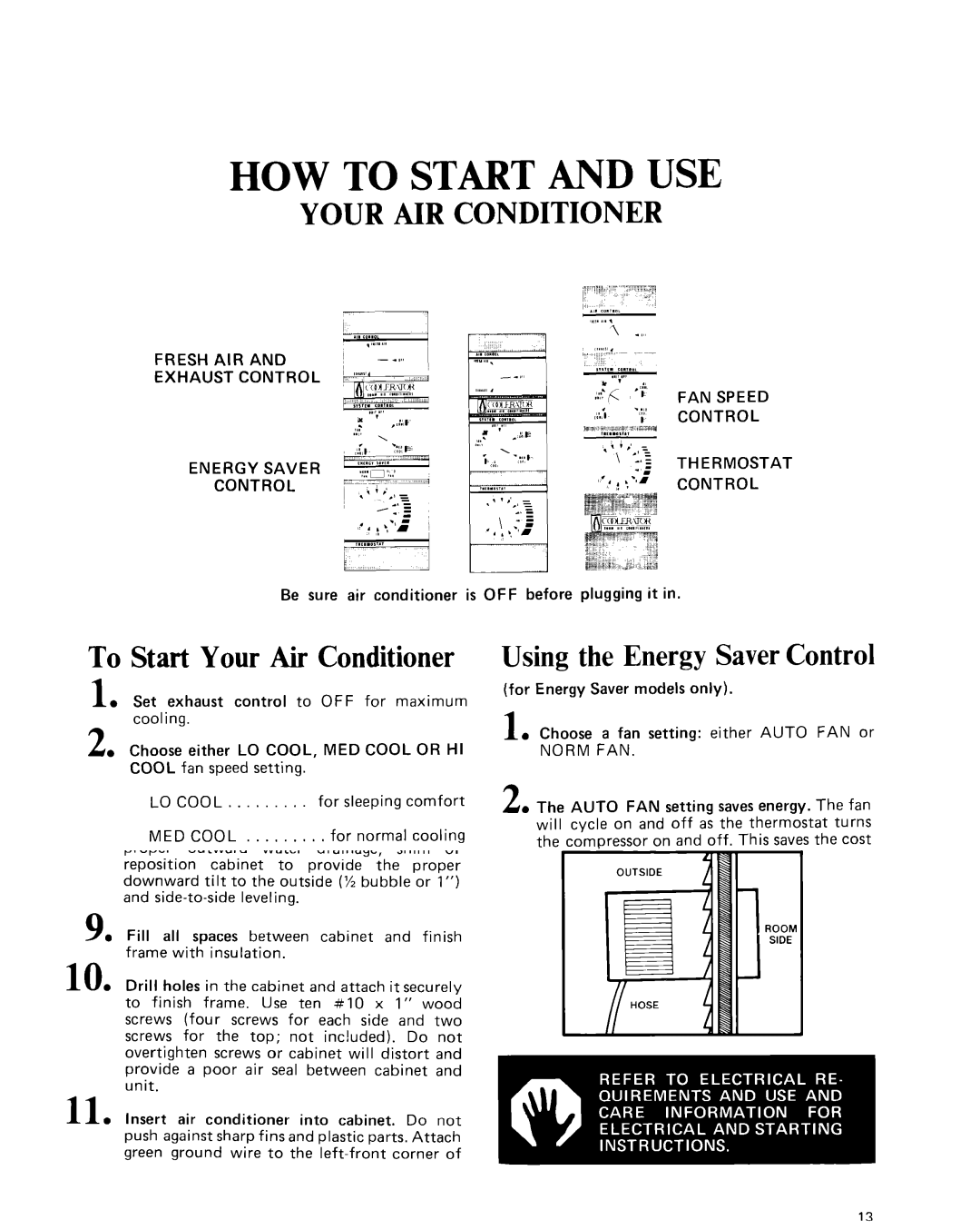 Whirlpool CAW21D2A1 To Start Your Air Conditioner, Using the Energy SaverControl, Fresh AIR Exhaust Control Energy Saver 