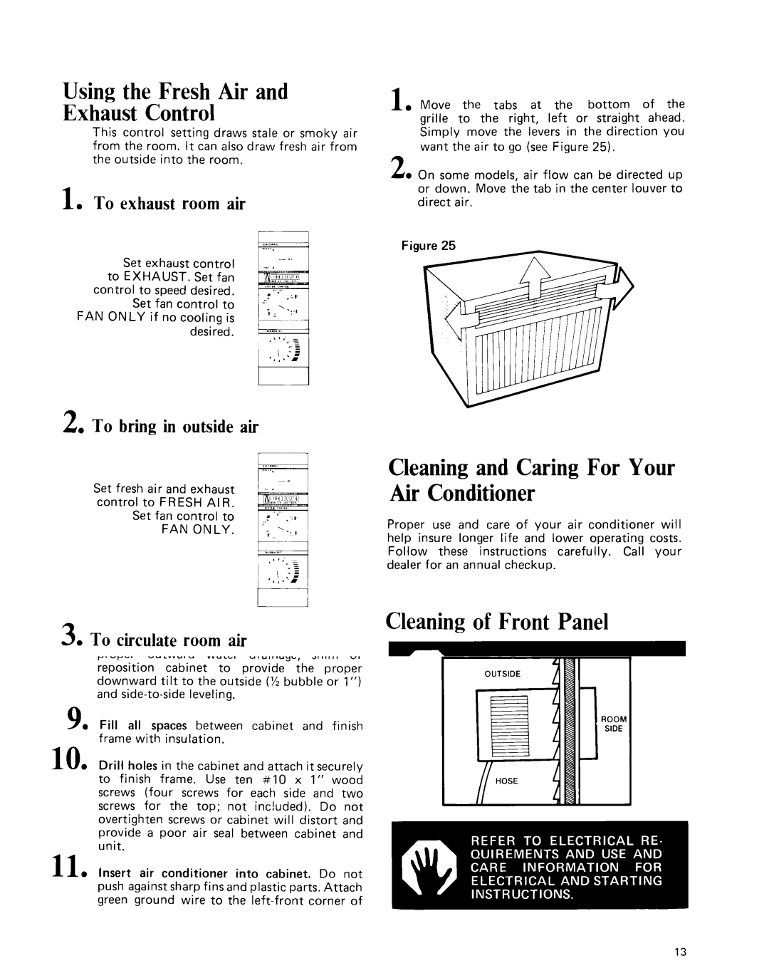 Whirlpool CAW21D2A1 manual Using the Fresh Air and Exhaust Control, Cleaningand Caring For Your Air Conditioner 