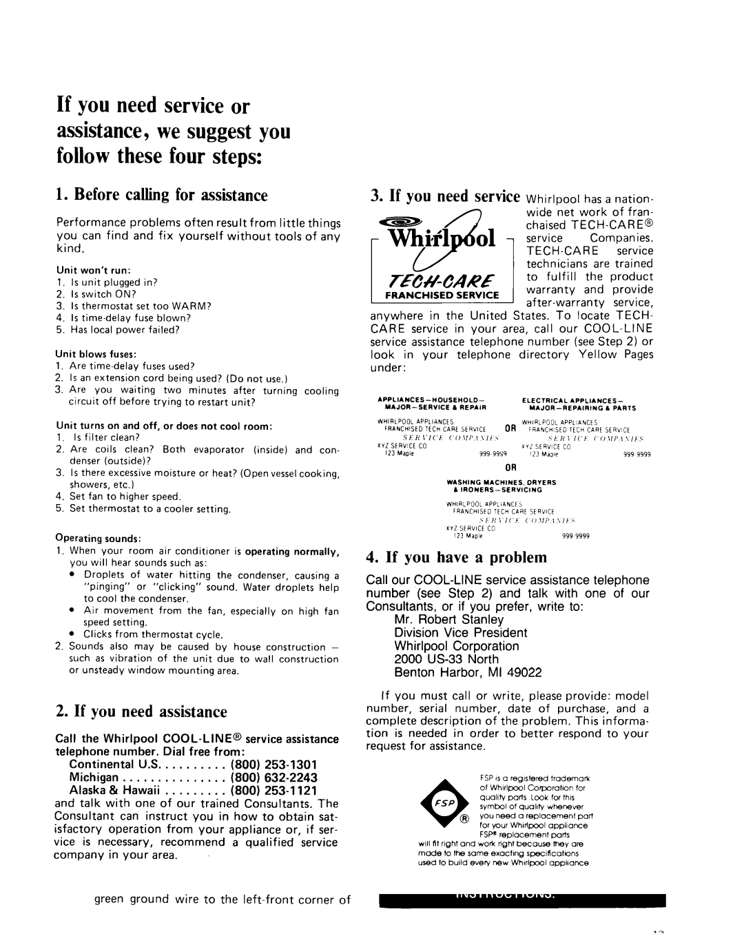 Whirlpool CAW21D2A1 manual Before calling for assistance, If you need assistance, If you have a problem 