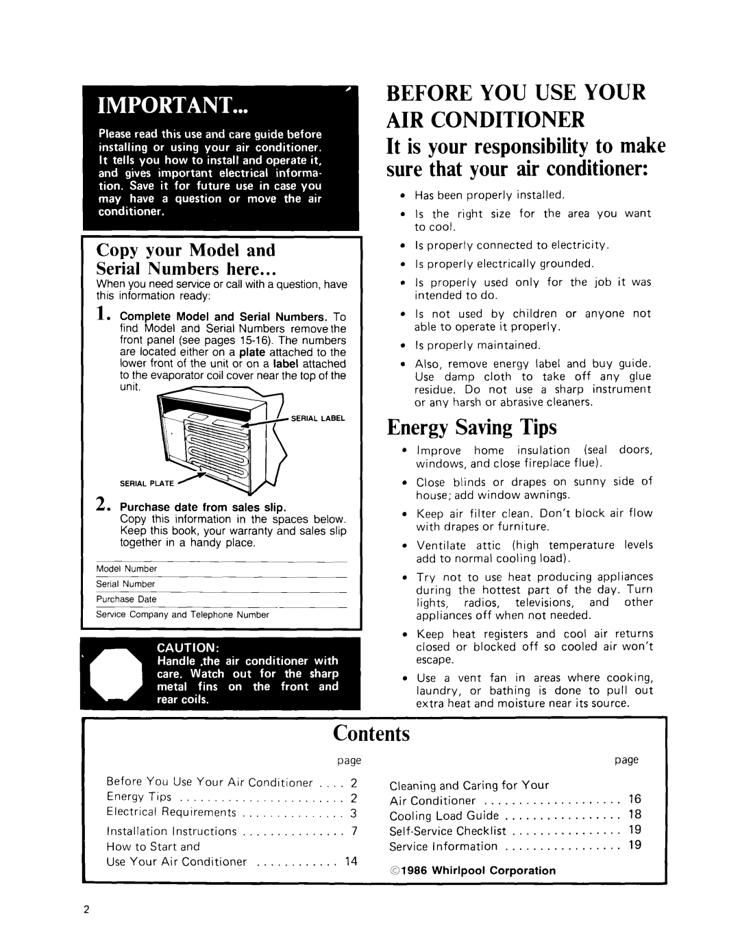 Whirlpool CAW21D2A1 manual Energy SavingTips, Contents, Before You Use Your Air Conditioner, page 