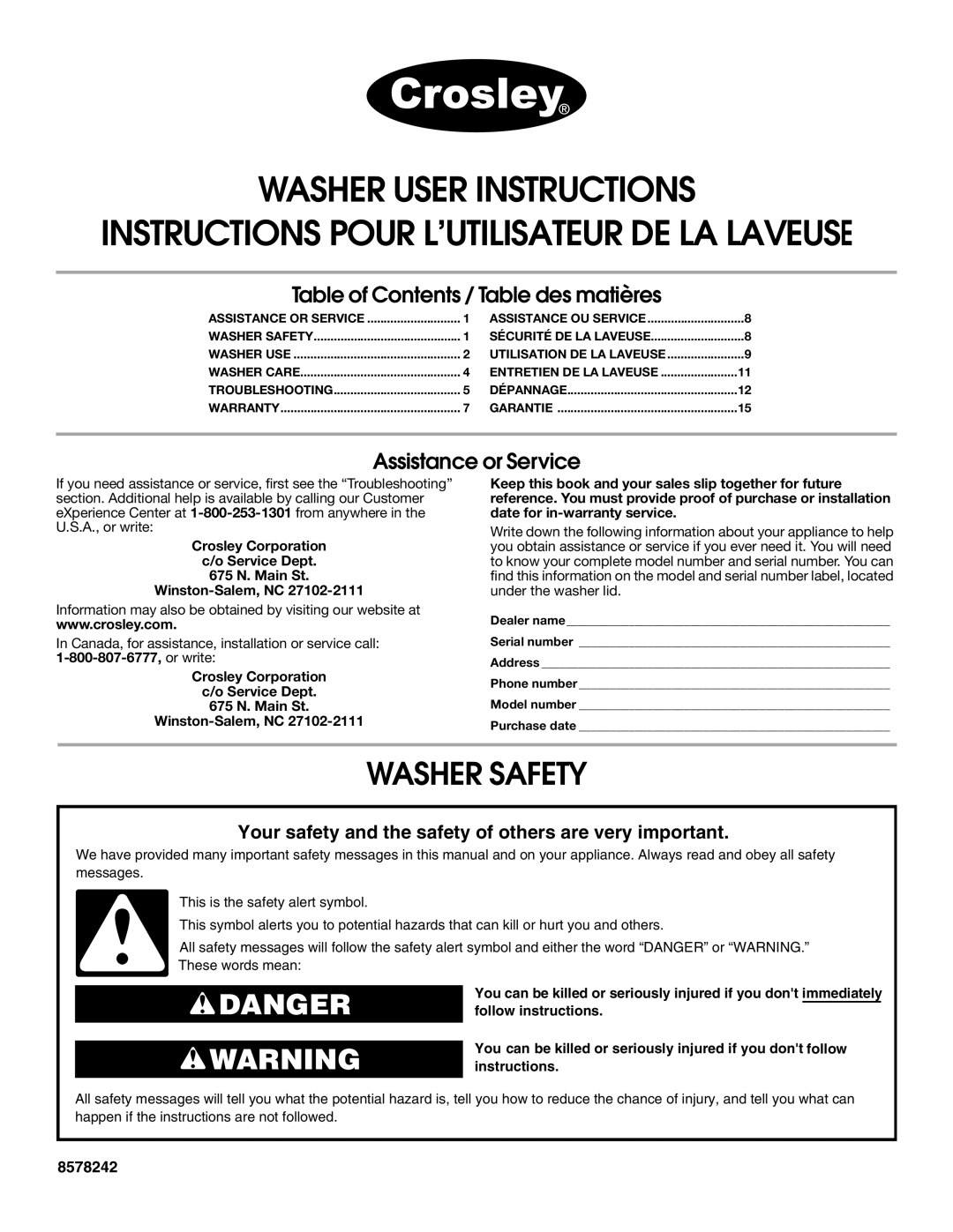 Whirlpool CAWB522SQ0 warranty Instructions Pour L’UTILISATEUR DE LA Laveuse, Washer Safety 