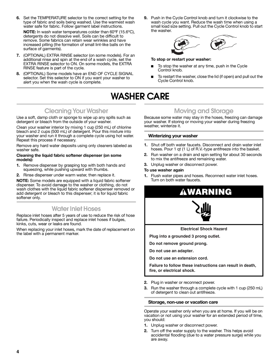 Whirlpool CAWB522SQ0 warranty Washer Care, Cleaning Your Washer, Water Inlet Hoses, Moving and Storage 