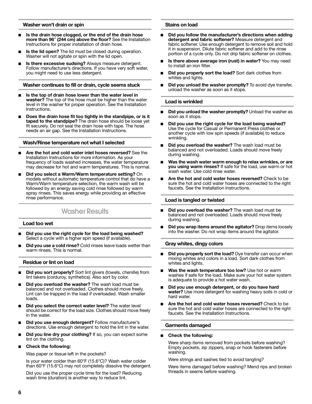 Whirlpool CAWB522SQ0 warranty Washer Results 