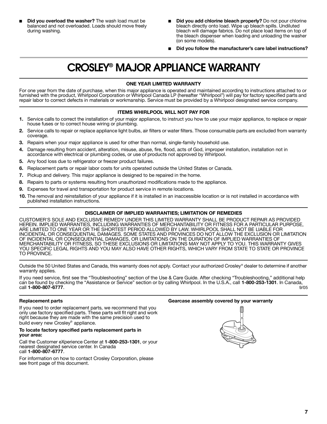 Whirlpool CAWB522SQ0 Crosley Major Appliance Warranty, ONE Year Limited Warranty, Items Whirlpool will not PAY for, Call 