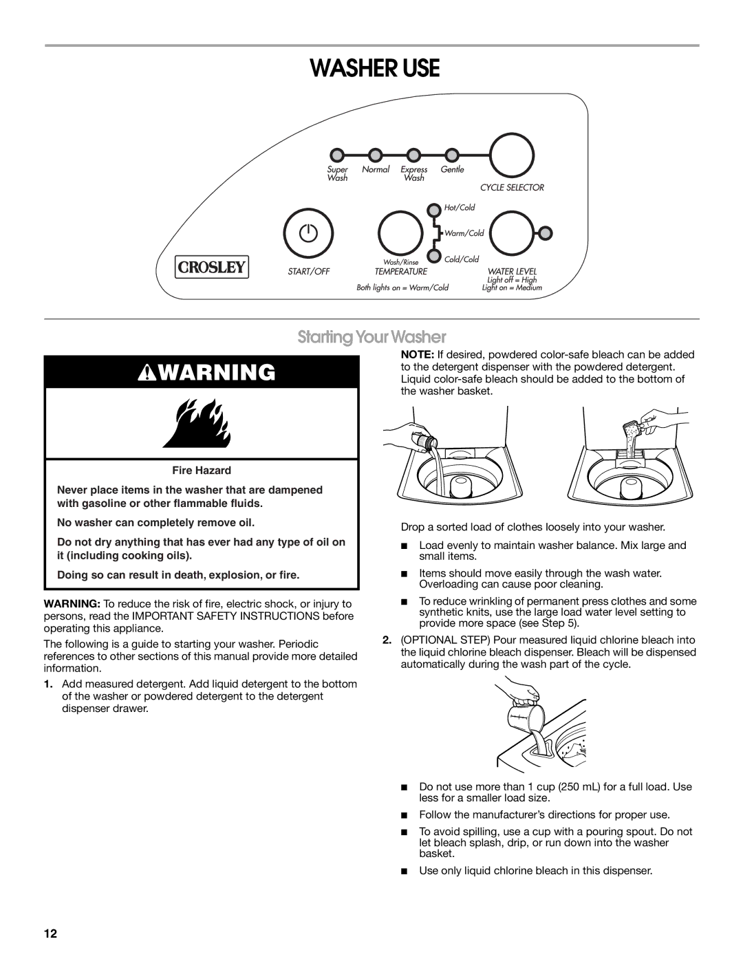 Whirlpool CAWC529PQ0 manual Washer USE, Starting Your Washer 