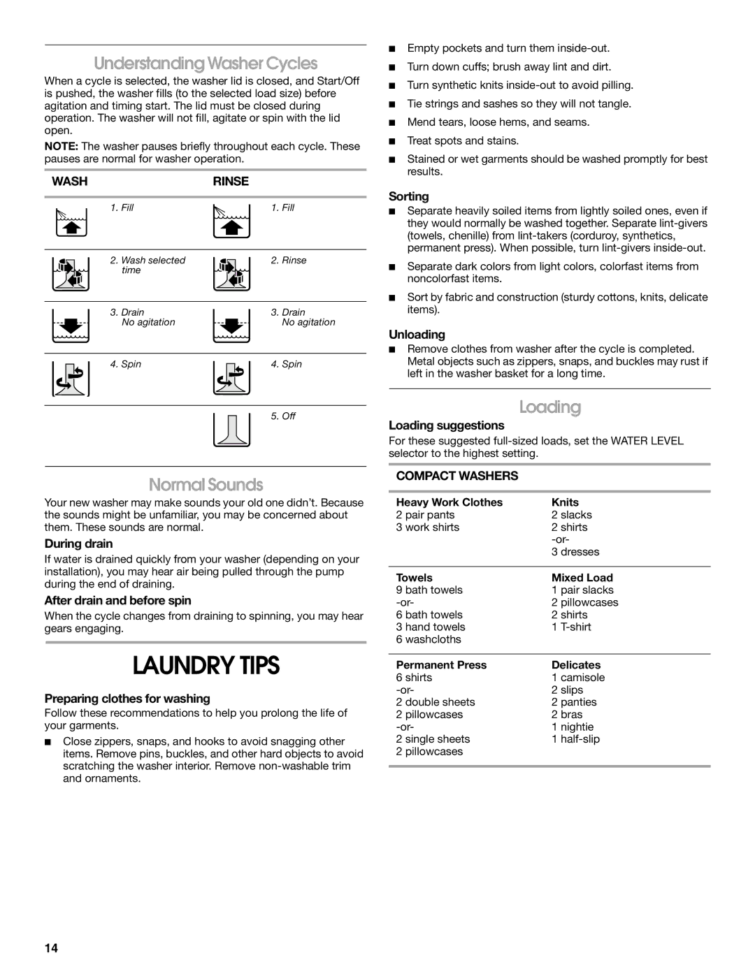 Whirlpool CAWC529PQ0 manual Laundry Tips, Understanding Washer Cycles, Normal Sounds, Loading 