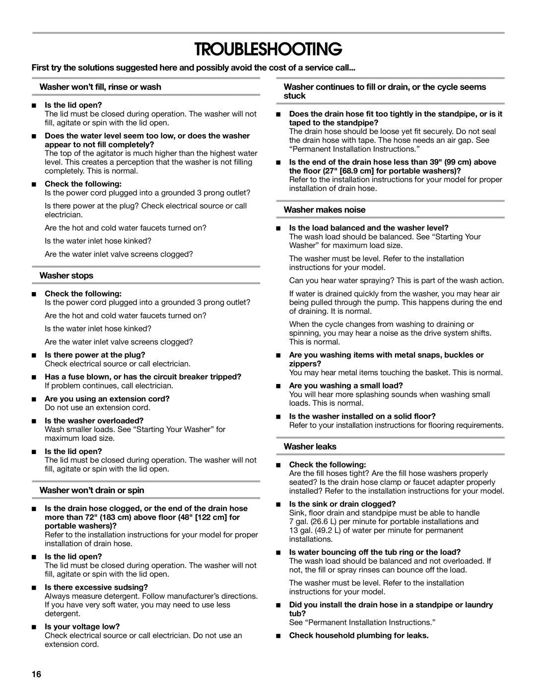 Whirlpool CAWC529PQ0 manual Troubleshooting 