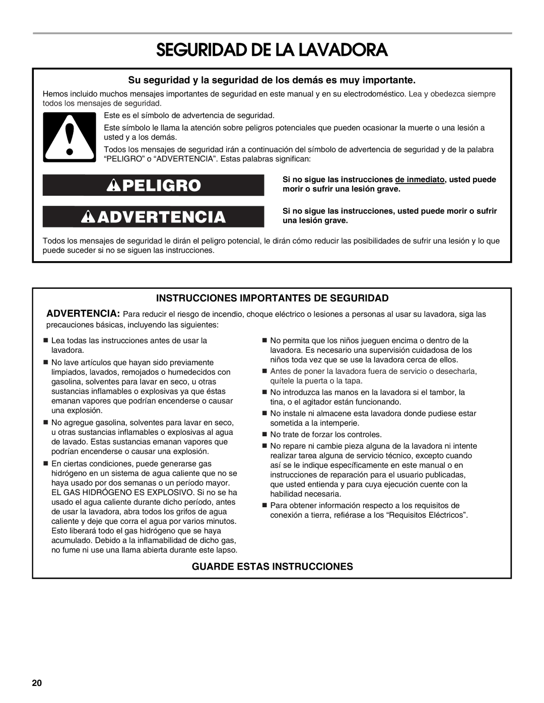 Whirlpool CAWC529PQ0 manual Seguridad DE LA Lavadora, Su seguridad y la seguridad de los demás es muy importante 