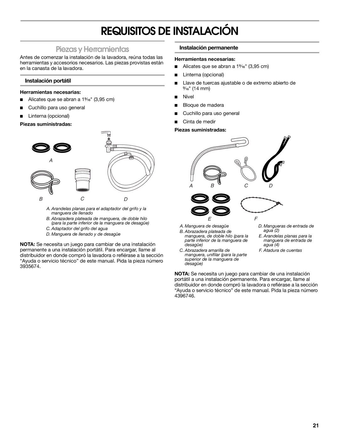 Whirlpool CAWC529PQ0 manual Requisitos DE Instalación, Piezas y Herramientas, Instalación portátil, Instalación permanente 