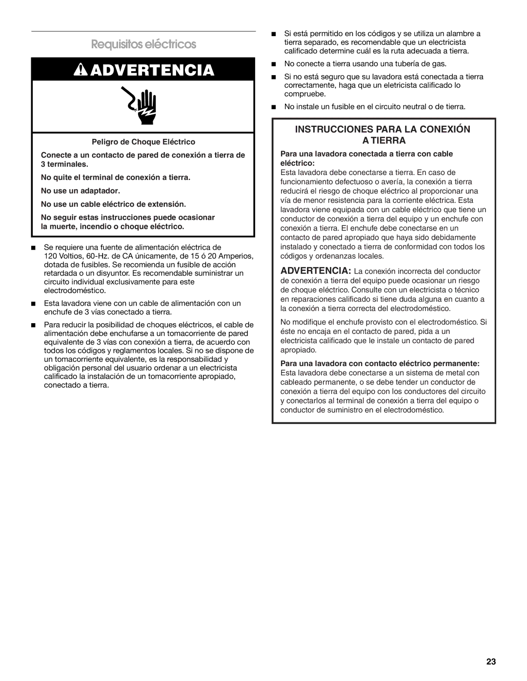 Whirlpool CAWC529PQ0 manual Requisitos eléctricos, Instrucciones Para LA Conexión Tierra 