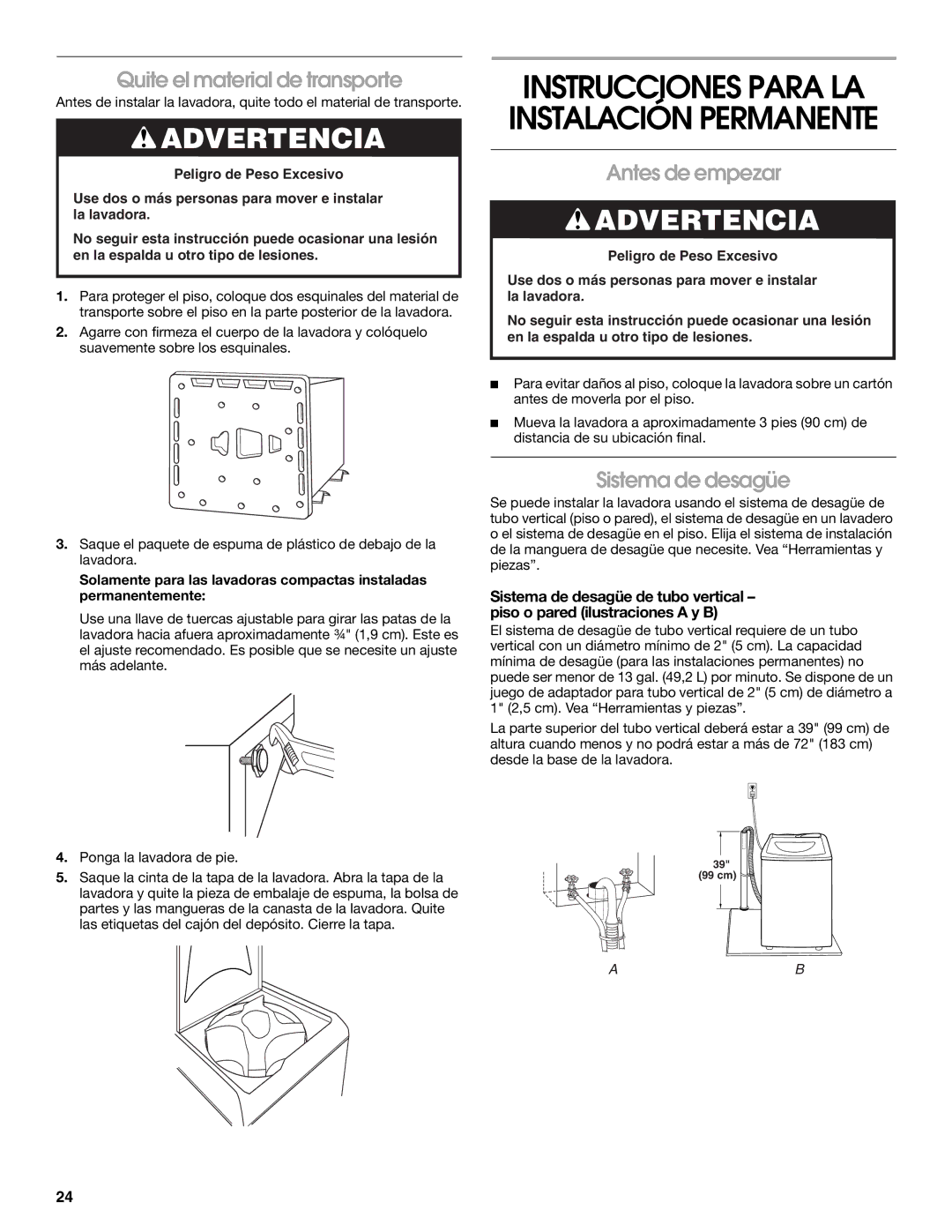 Whirlpool CAWC529PQ0 manual Quite el material de transporte, Antes de empezar, Sistema de desagüe 